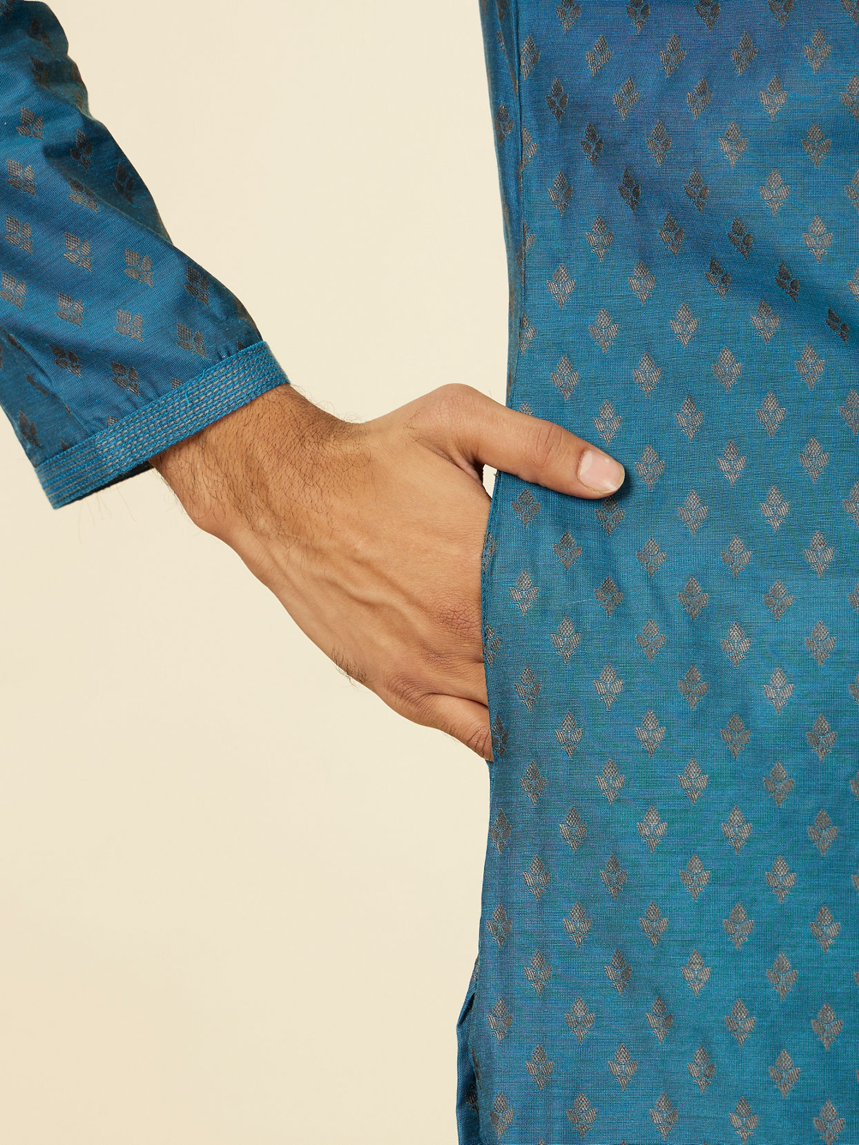 Manyavar Men Teal Blue Kurta Set with Buta Motifs