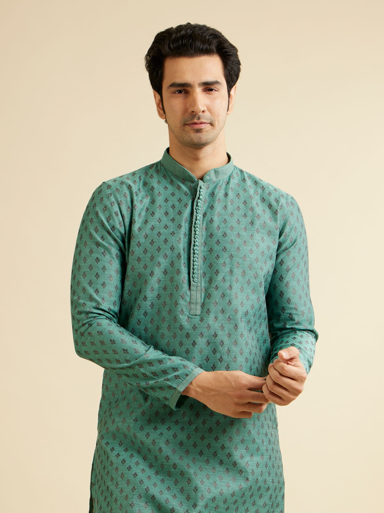 alt message - Manyavar Men Teal Blue Kurta Set with Buta Motifs image number 0