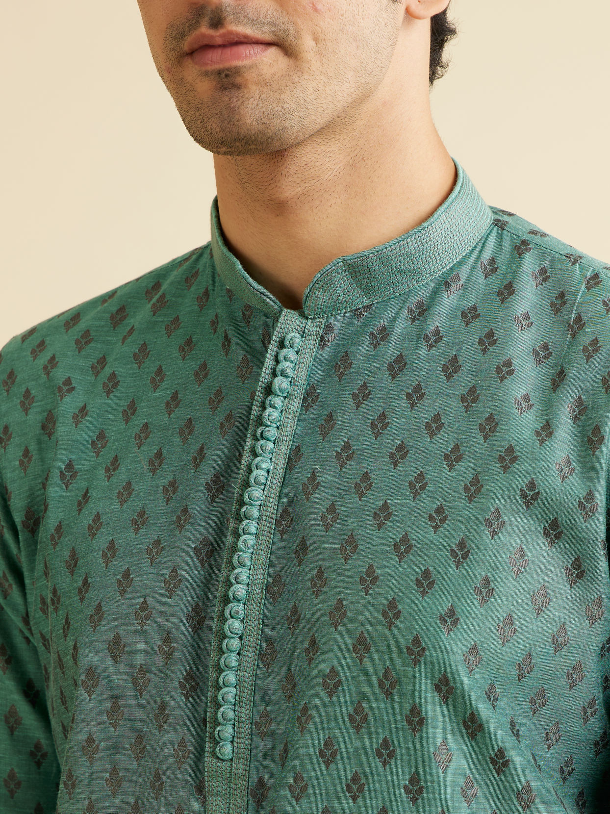 alt message - Manyavar Men Teal Blue Kurta Set with Buta Motifs image number 1