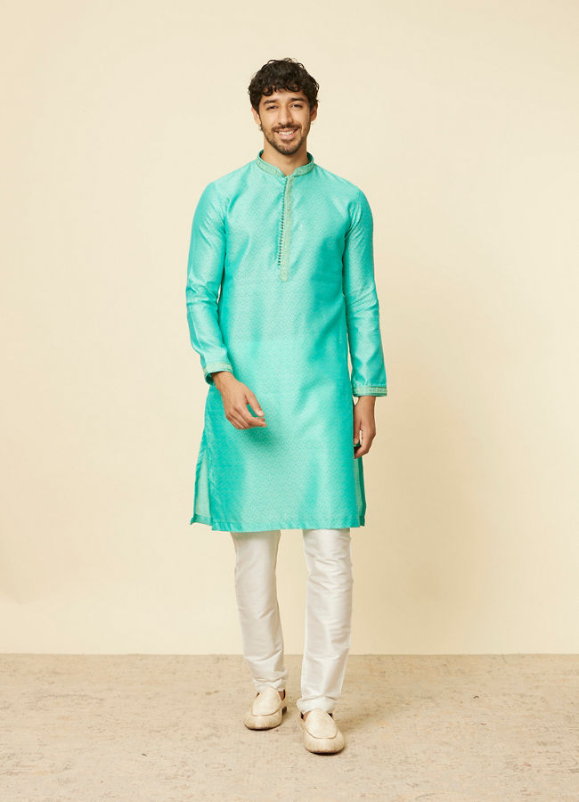 Manyavar Men Aqua Green Imperial Floral Printed Kurta Set