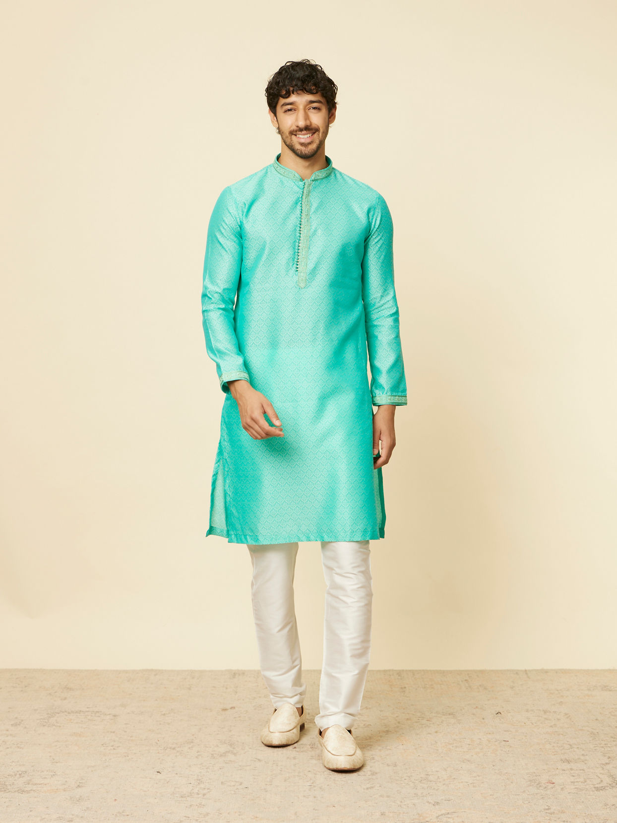 Manyavar Men Aqua Green Imperial Floral Printed Kurta Set