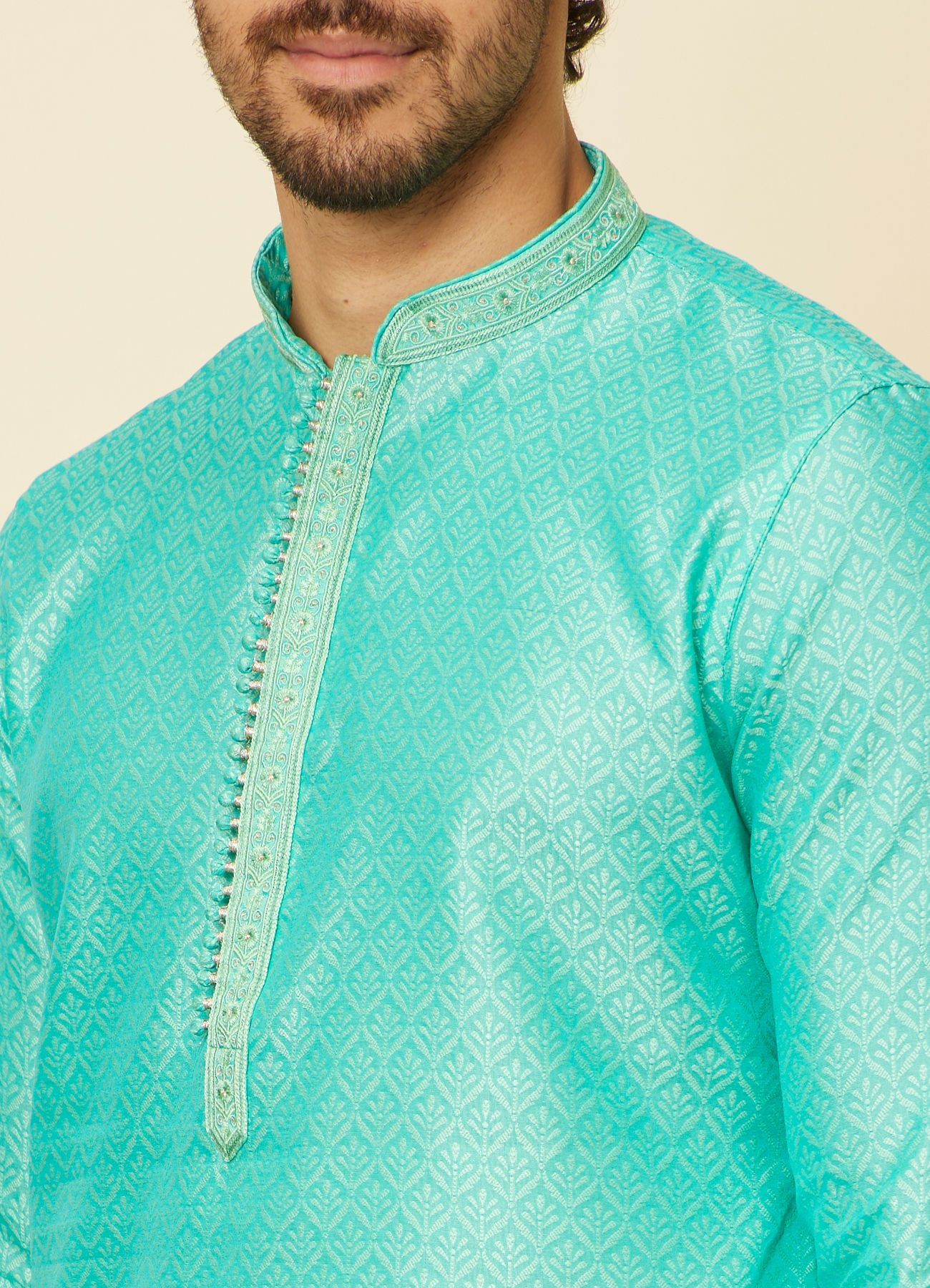 Manyavar Men Aqua Green Imperial Floral Printed Kurta Set