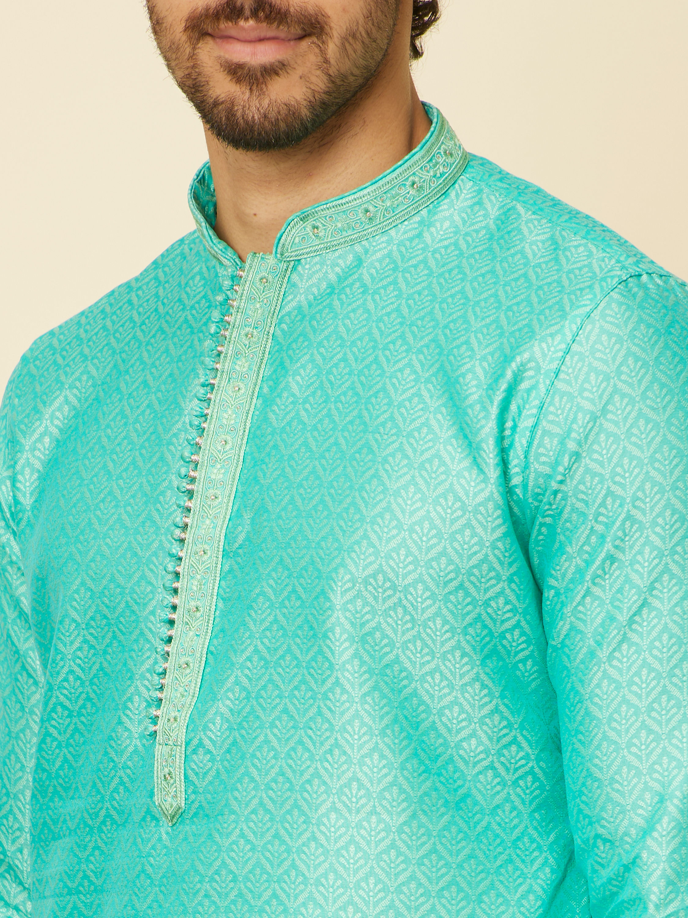 Manyavar Men Aqua Green Imperial Floral Printed Kurta Set