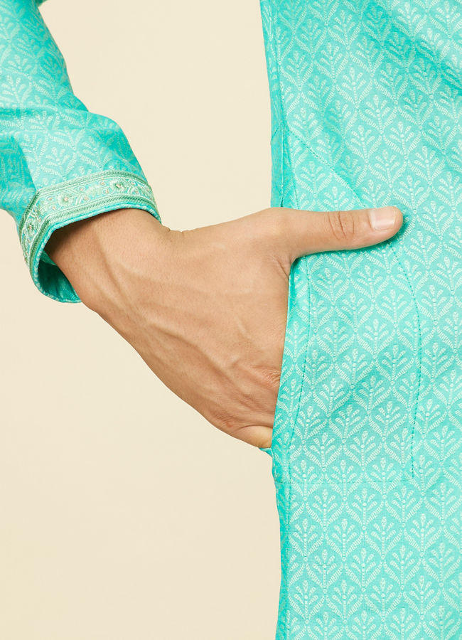 Manyavar Men Aqua Green Imperial Floral Printed Kurta Set