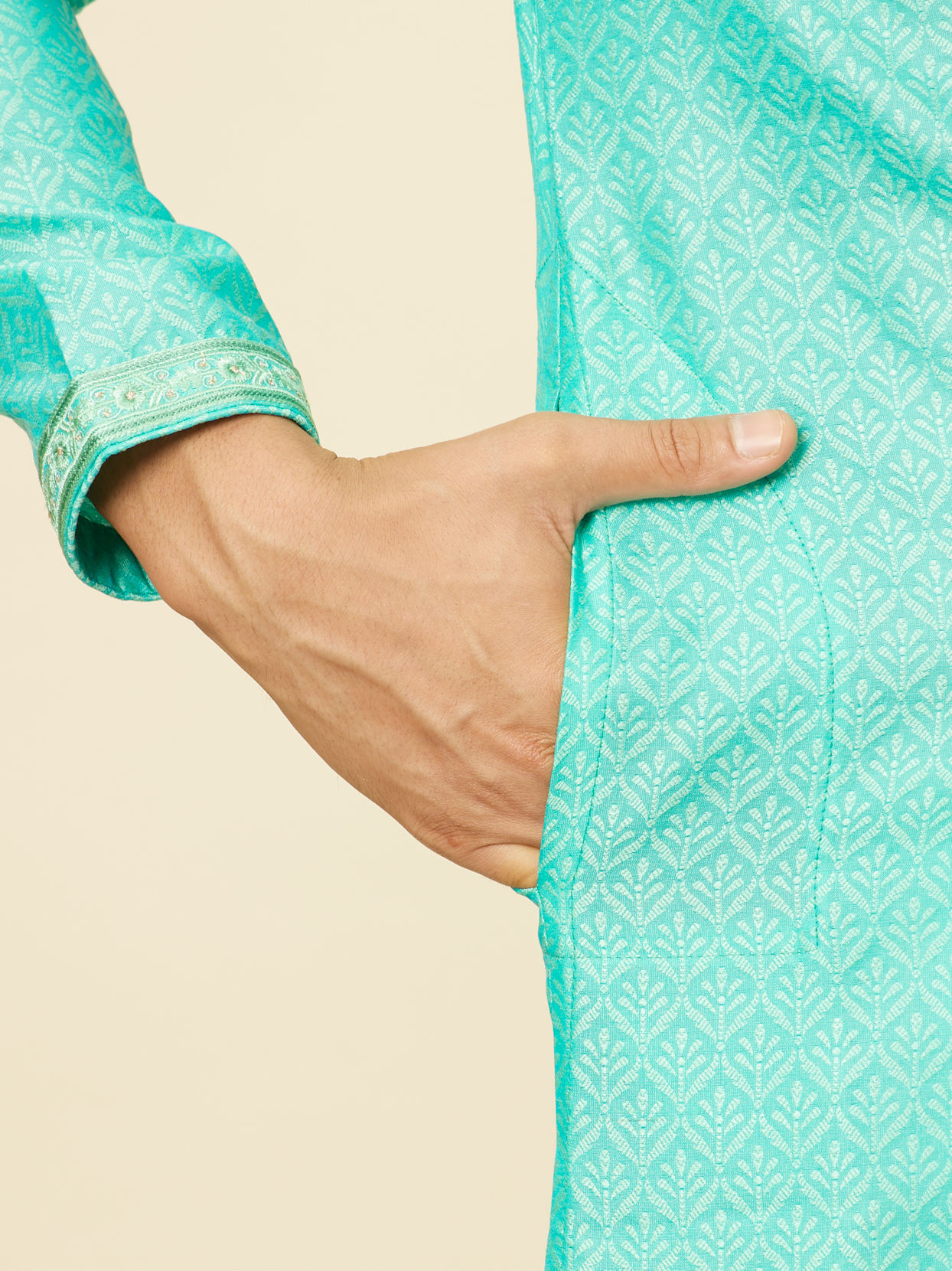 Manyavar Men Aqua Green Imperial Floral Printed Kurta Set