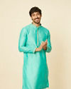 Manyavar Men Aqua Green Imperial Floral Printed Kurta Set