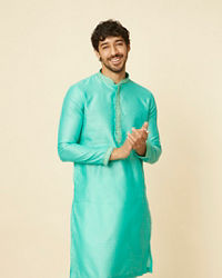 Manyavar Men Aqua Green Imperial Floral Printed Kurta Set