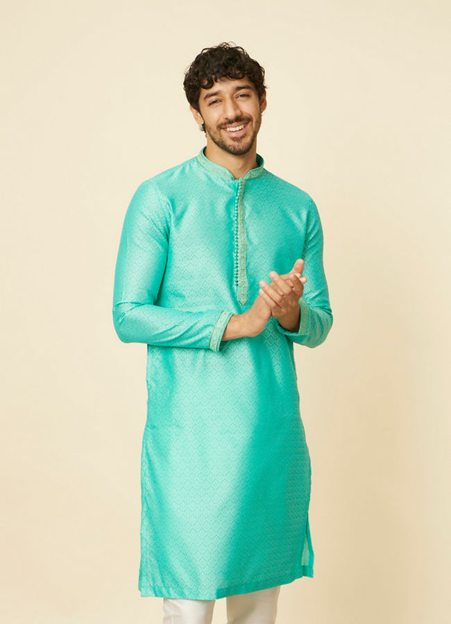 Manyavar Men Aqua Green Imperial Floral Printed Kurta Set