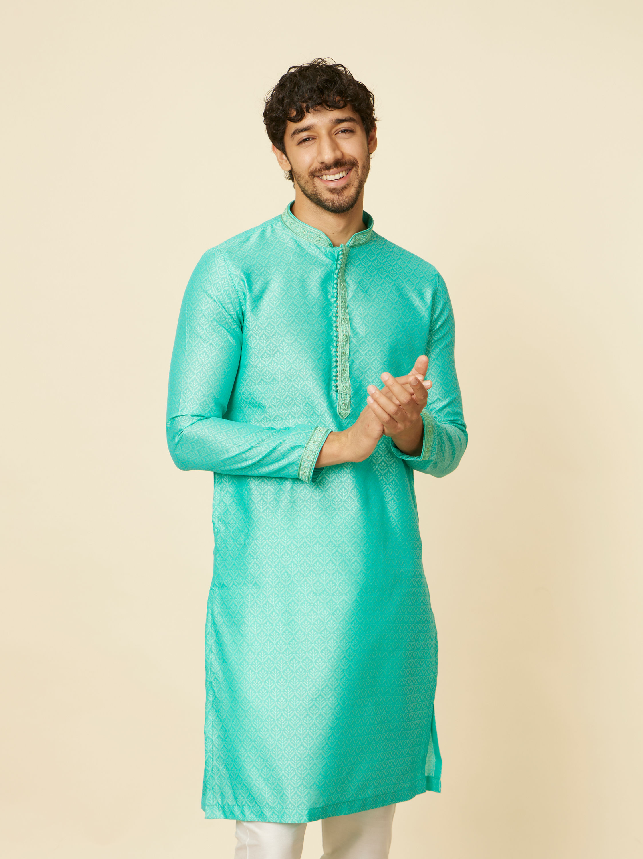 Manyavar Men Aqua Green Imperial Floral Printed Kurta Set