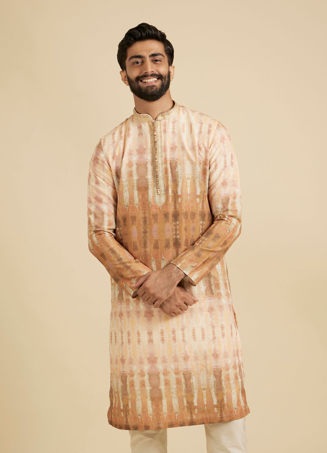 Manyavar Men Mustard Yellow Tie and Dye Printed Kurta Set