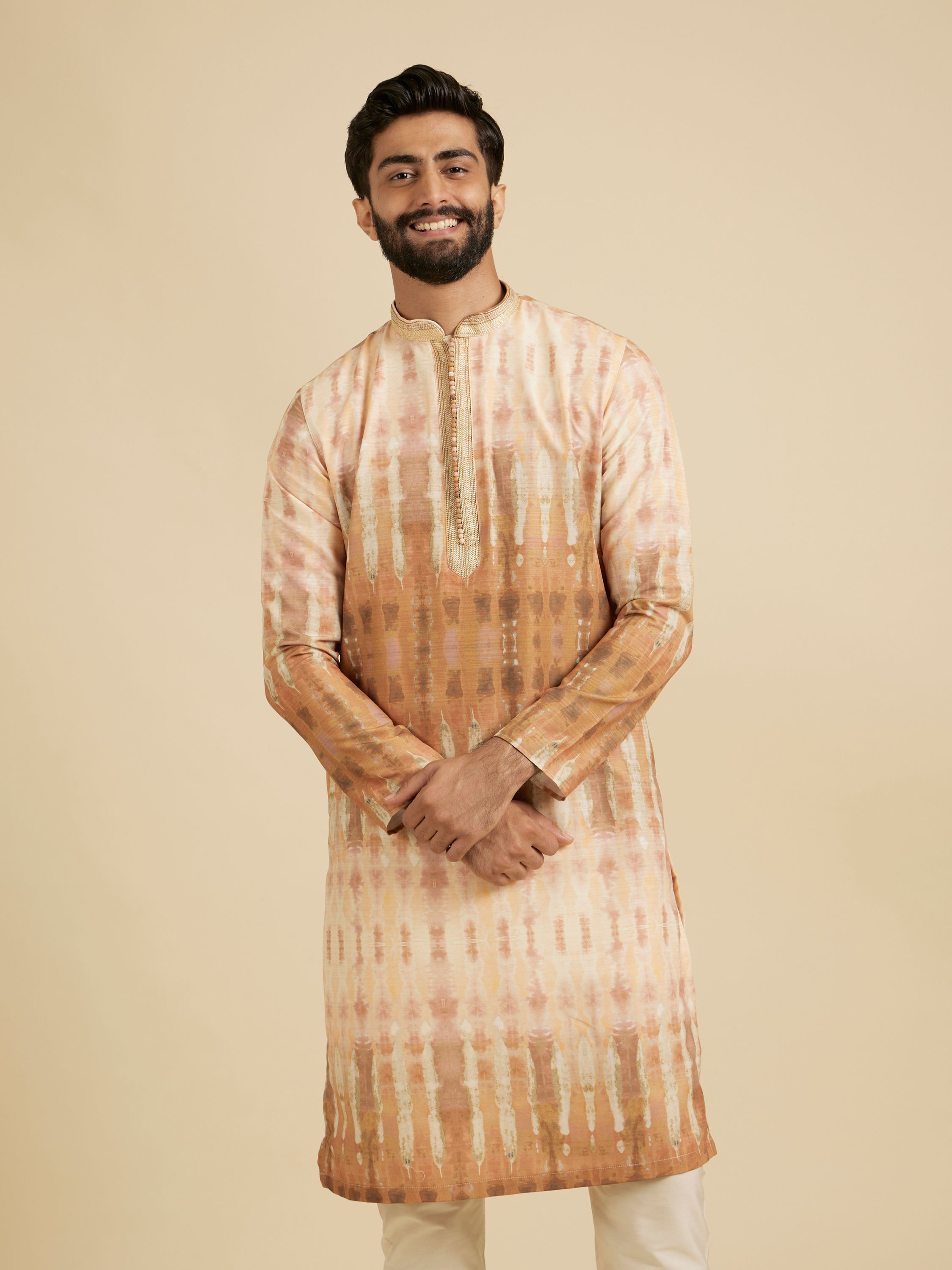 Manyavar Men Mustard Yellow Tie and Dye Printed Kurta Set