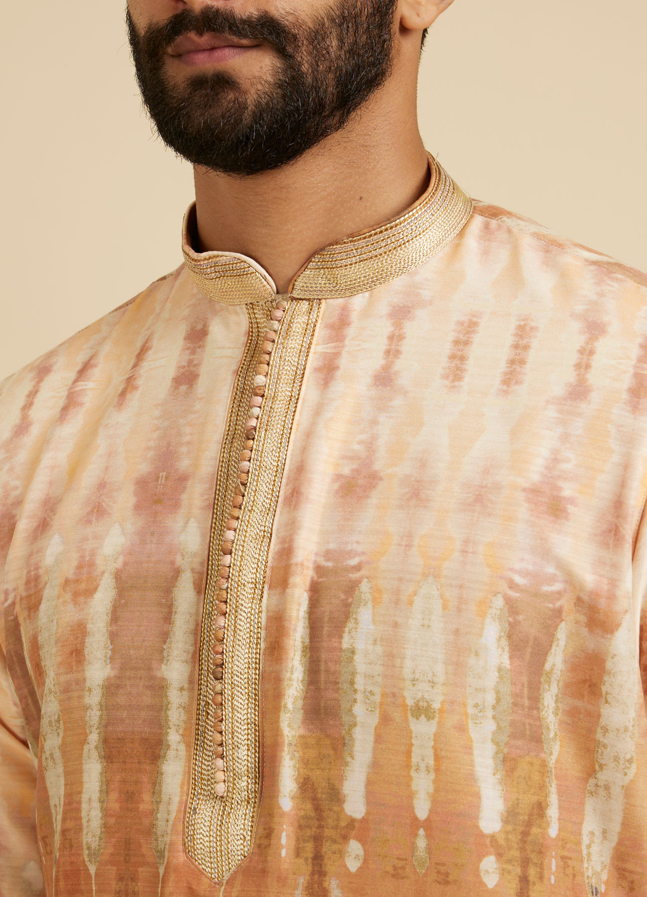 Manyavar Men Mustard Yellow Tie and Dye Printed Kurta Set