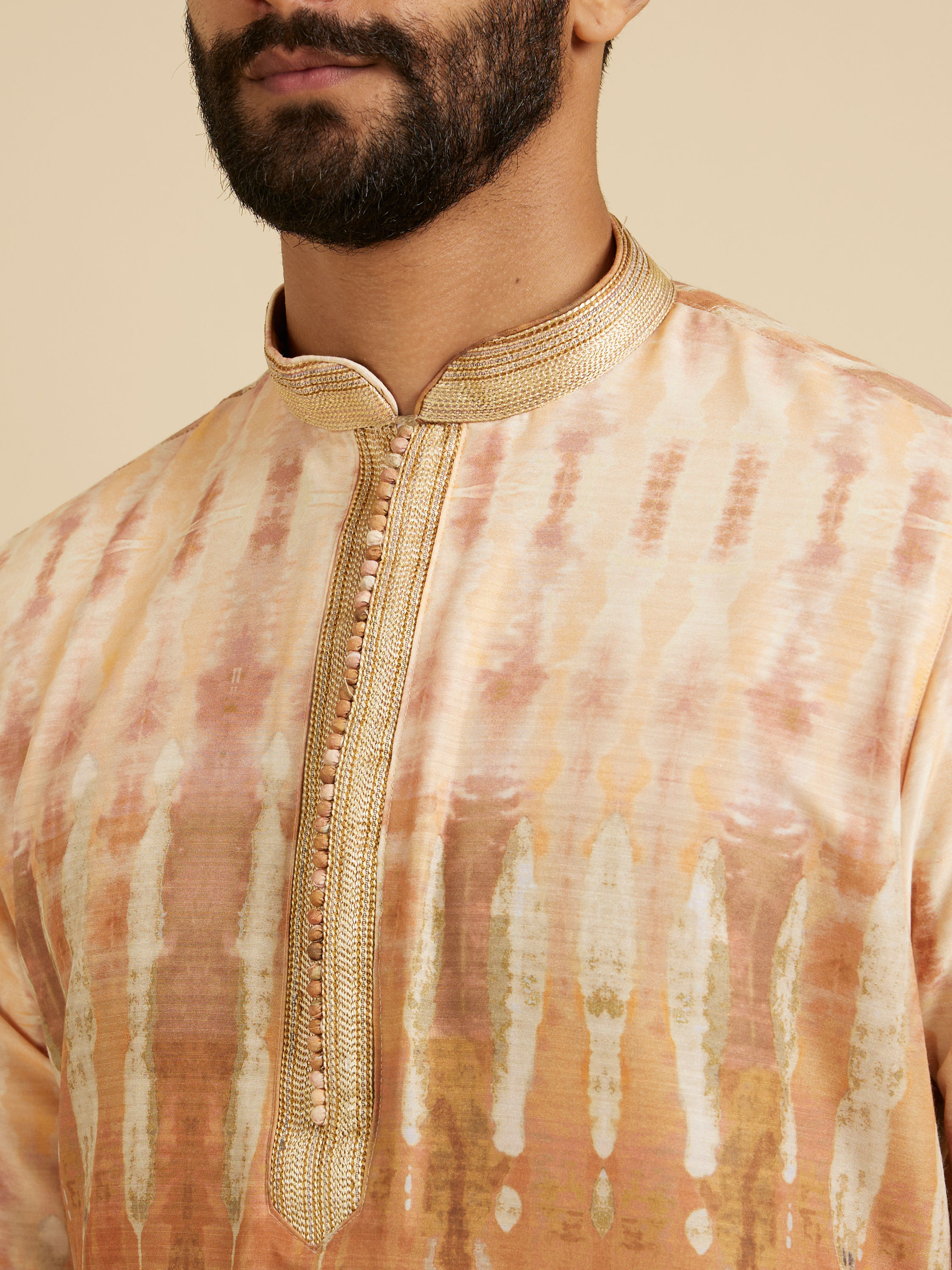 Manyavar Men Mustard Yellow Tie and Dye Printed Kurta Set