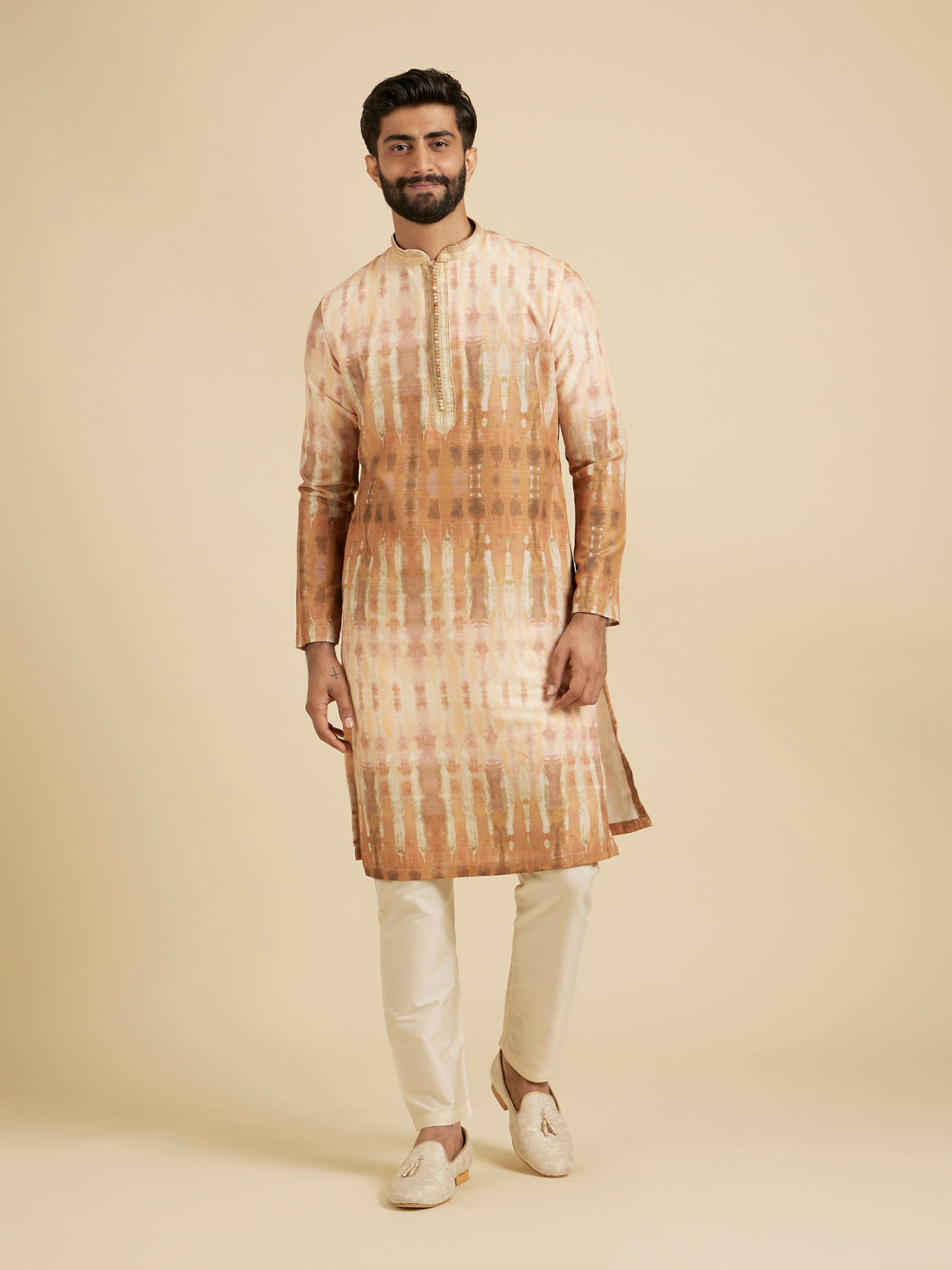 Manyavar Men Mustard Yellow Tie and Dye Printed Kurta Set