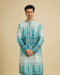 Manyavar Men Aqua Green Tie and Dye Printed Kurta Set