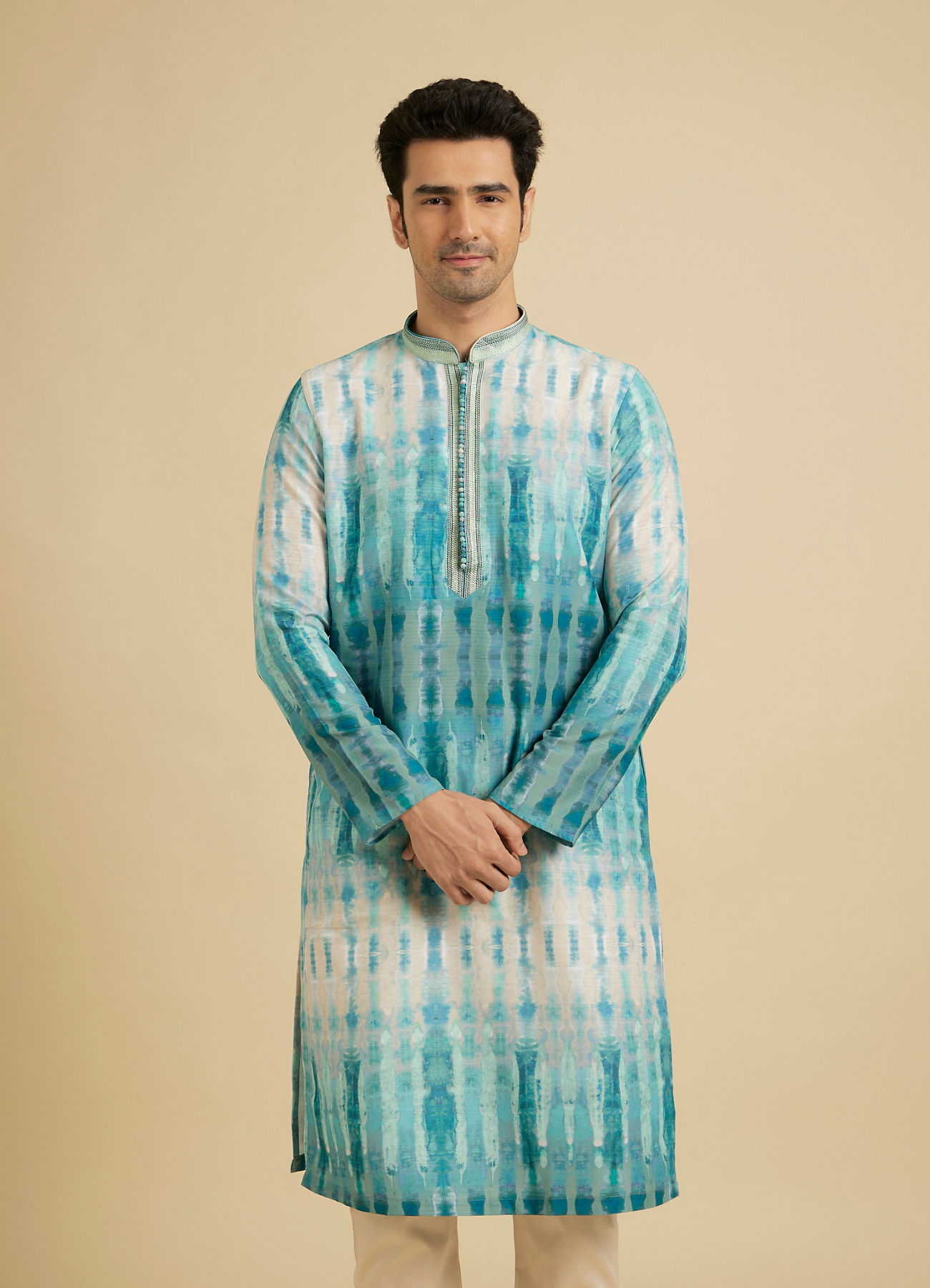 Manyavar Men Aqua Green Tie and Dye Printed Kurta Set