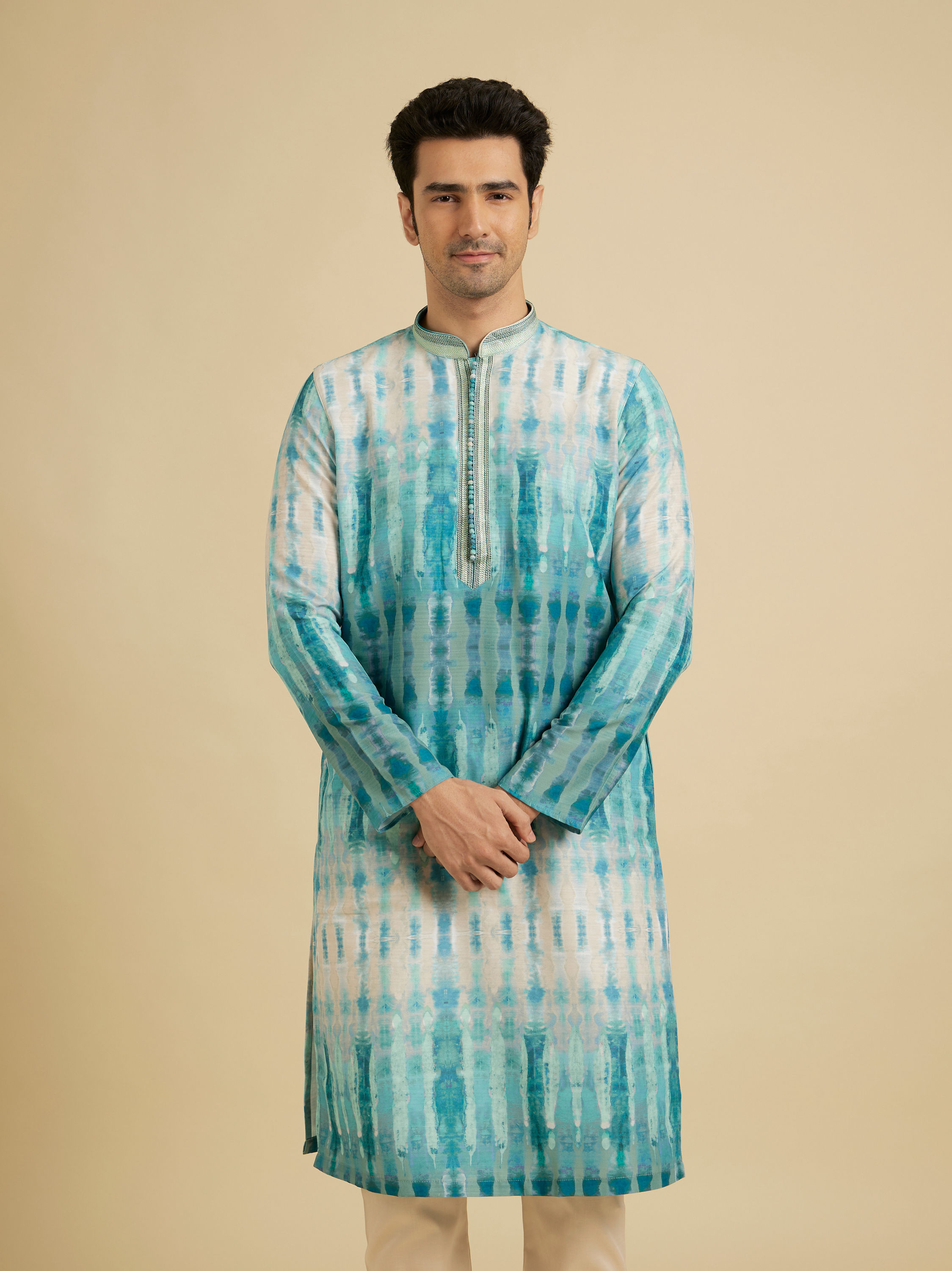 Manyavar Men Aqua Green Tie and Dye Printed Kurta Set