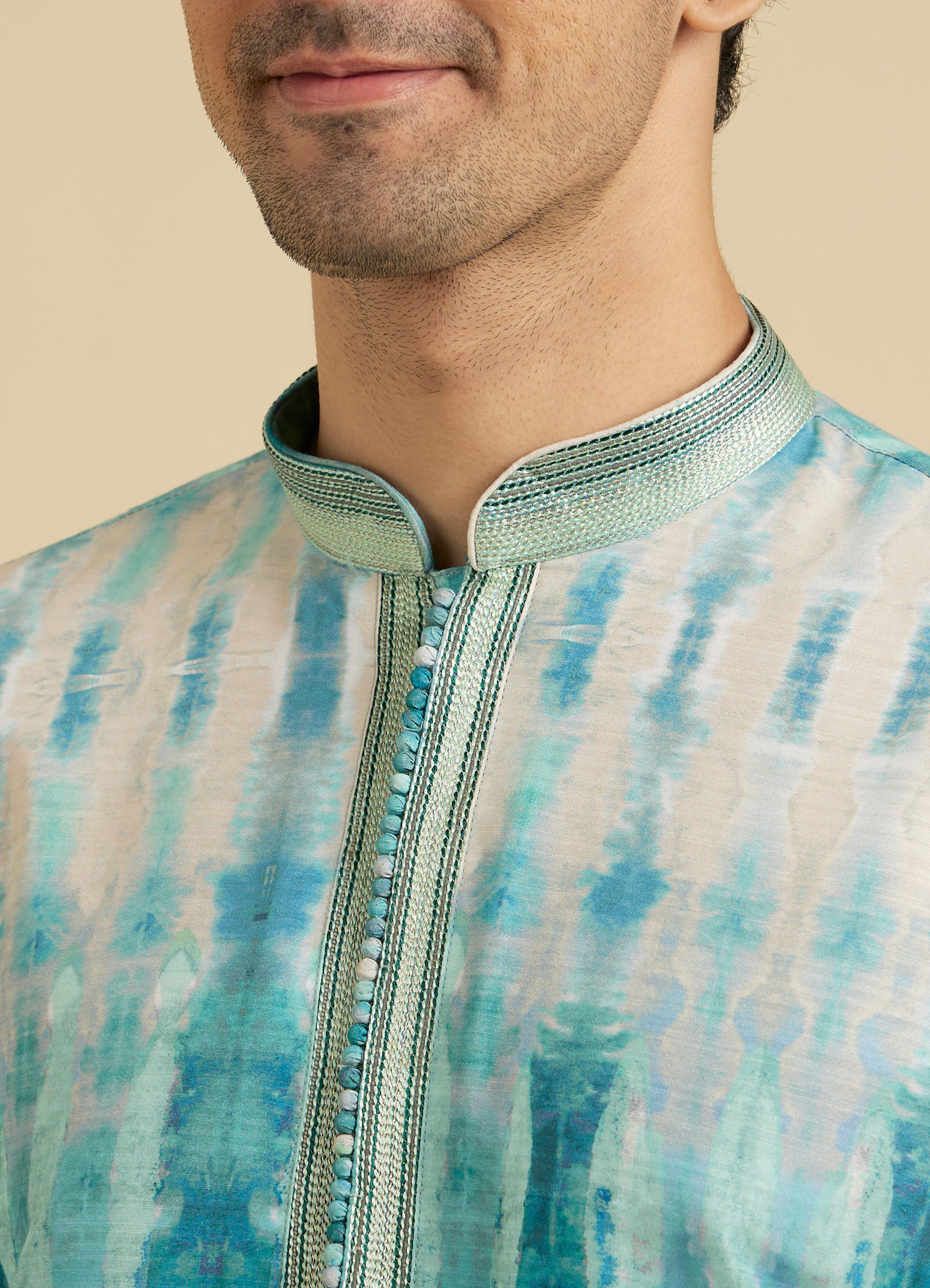 Manyavar Men Aqua Green Tie and Dye Printed Kurta Set