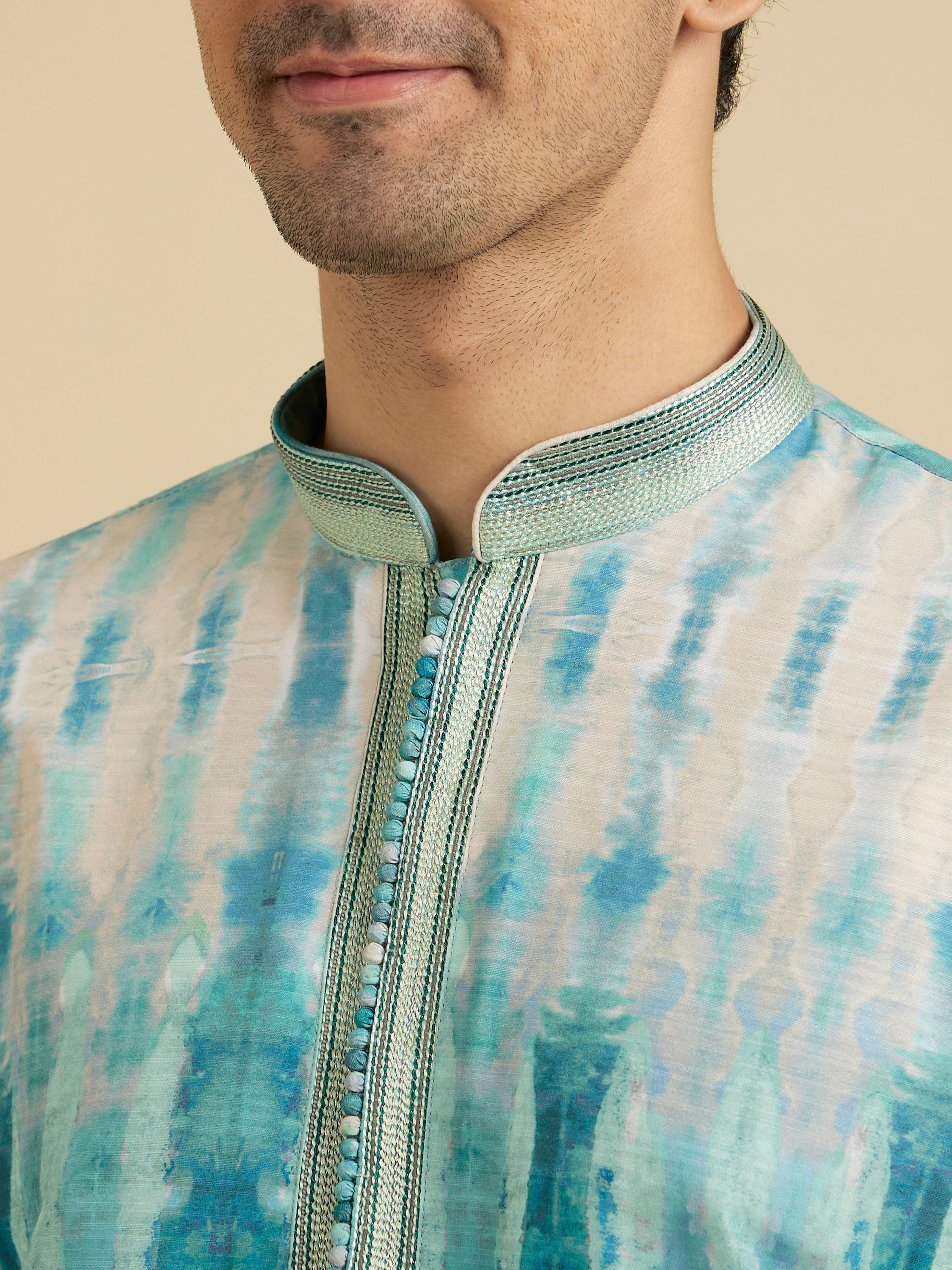 Manyavar Men Aqua Green Tie and Dye Printed Kurta Set