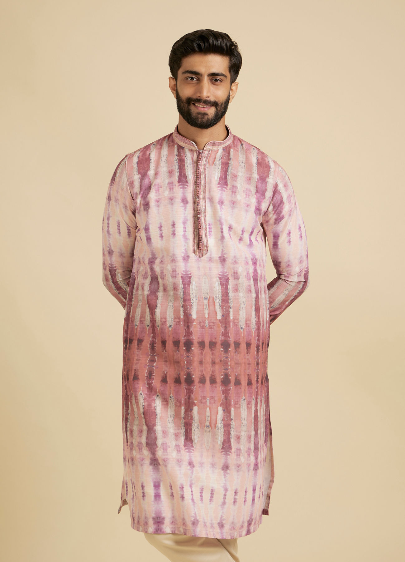 Manyavar Men Dusty Pink Tie and Dye Printed Kurta Set