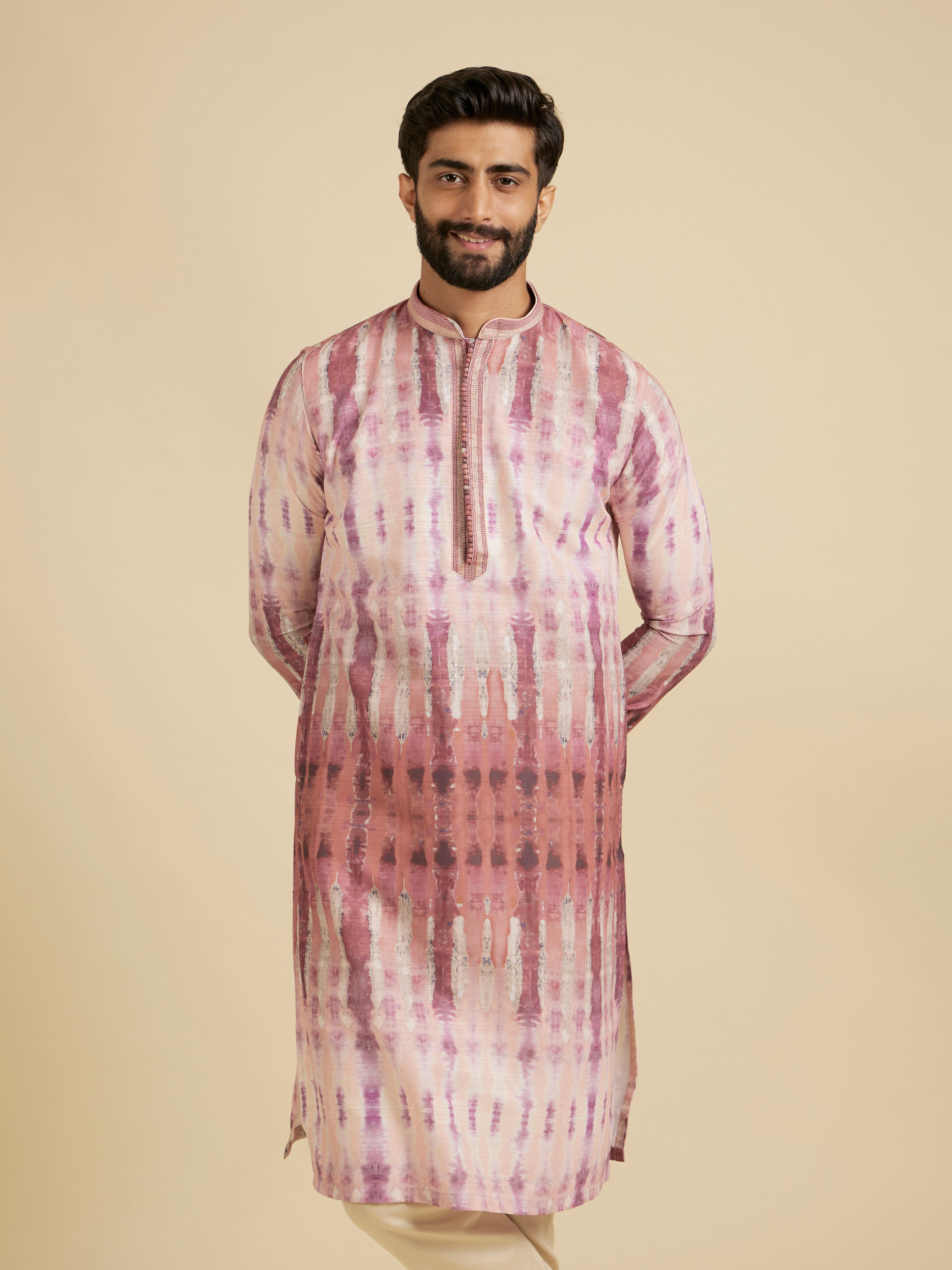 Manyavar Men Dusty Pink Tie and Dye Printed Kurta Set