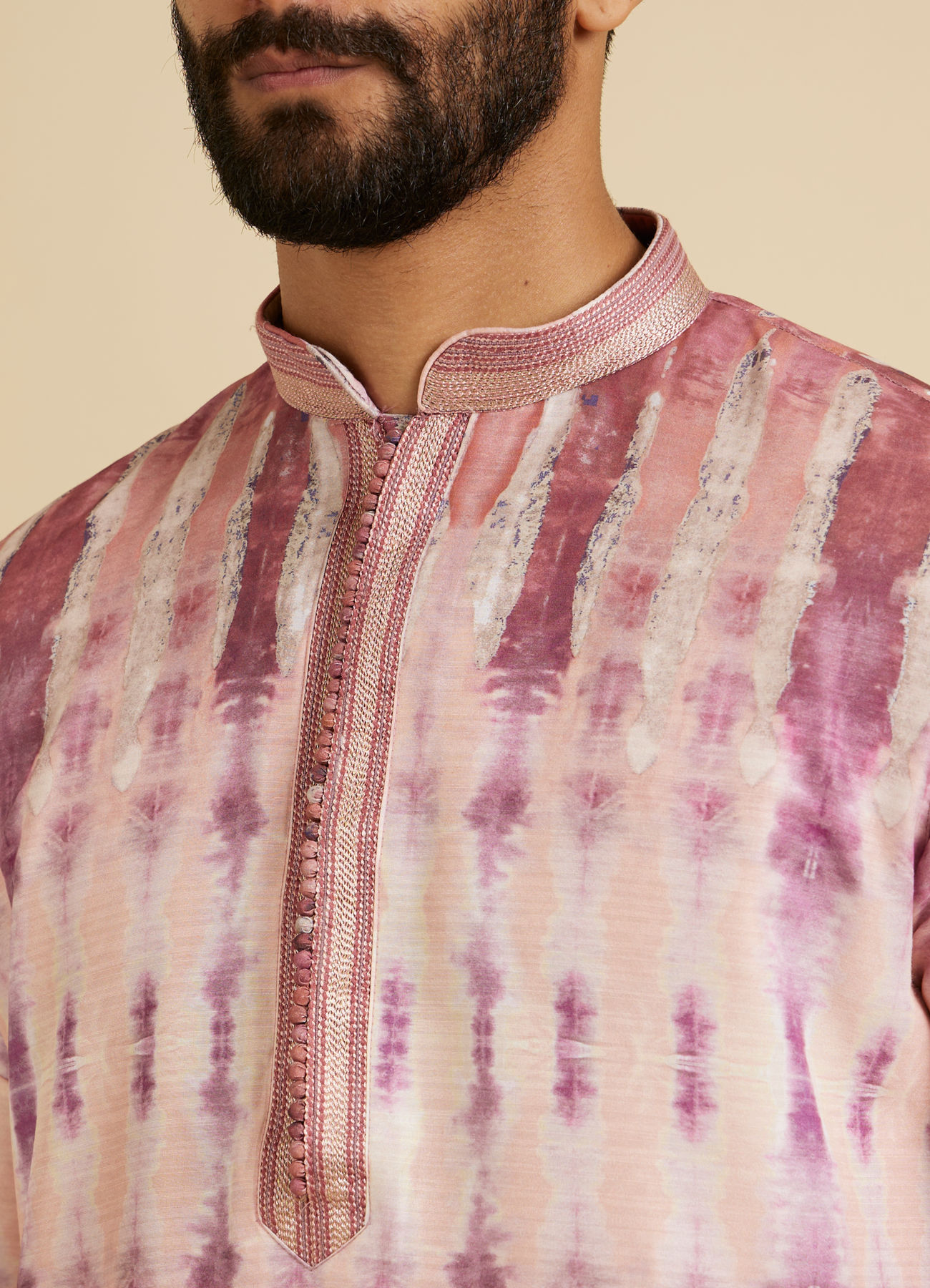 Manyavar Men Dusty Pink Tie and Dye Printed Kurta Set