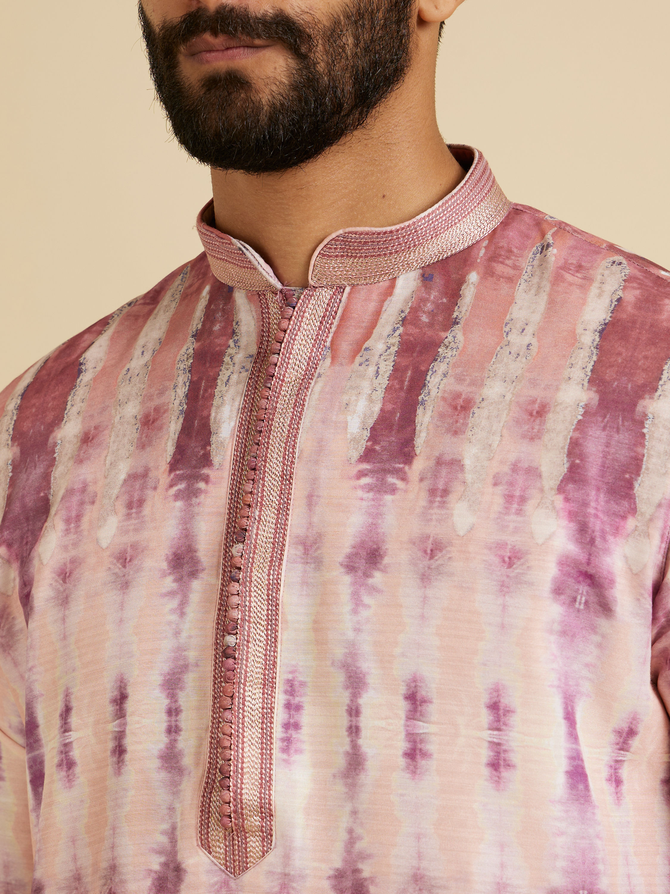 Manyavar Men Dusty Pink Tie and Dye Printed Kurta Set