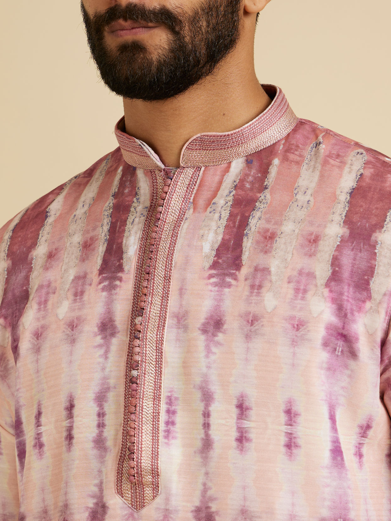 Manyavar Men Dusty Pink Tie And Dye Printed Kurta Set