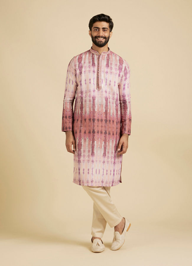 Manyavar Men Dusty Pink Tie and Dye Printed Kurta Set