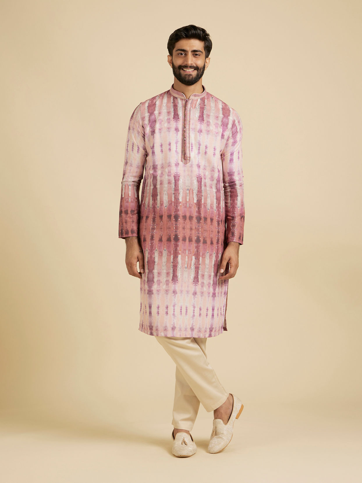 Manyavar Men Dusty Pink Tie and Dye Printed Kurta Set