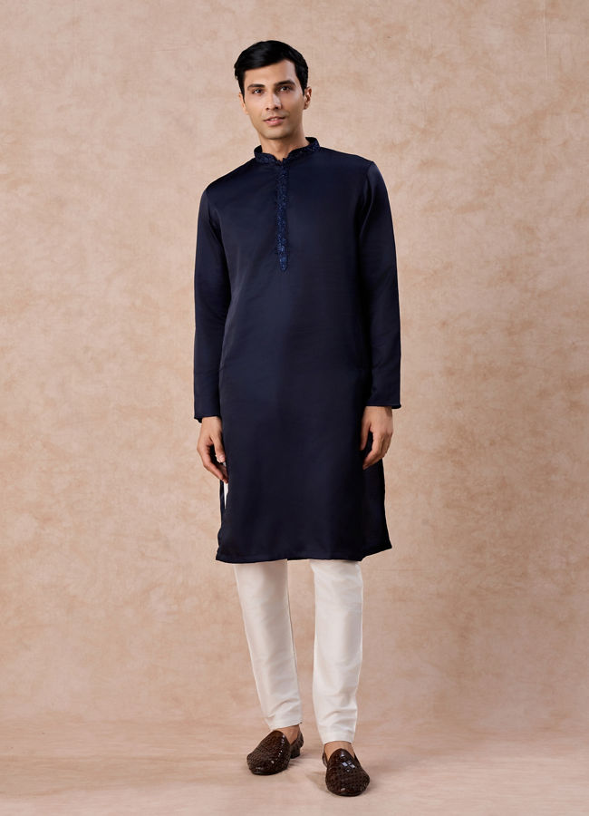 Manyavar Men Dark Blue Sequined Rhinestone Embellished Bandhgala Kurta Set