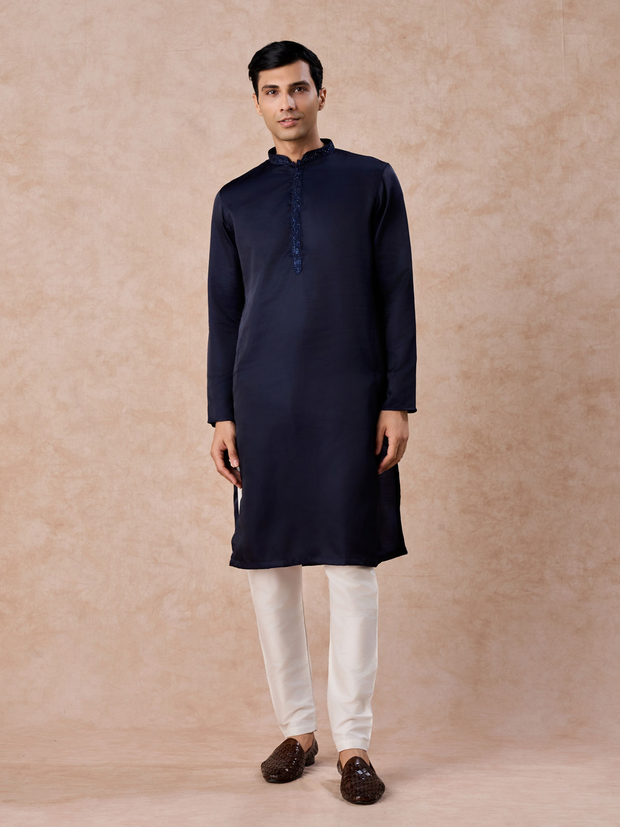 Manyavar Men Dark Blue Sequined Rhinestone Embellished Bandhgala Kurta Set