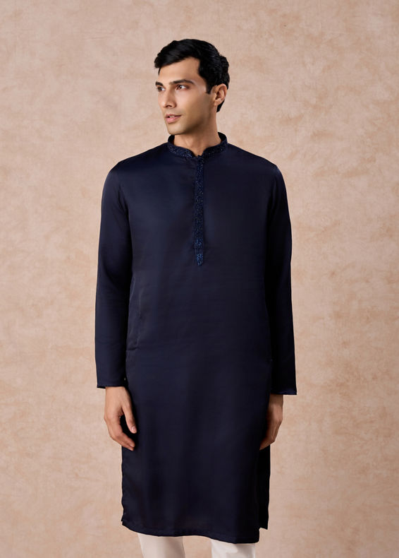 Manyavar Men Dark Blue Sequined Rhinestone Embellished Bandhgala Kurta Set