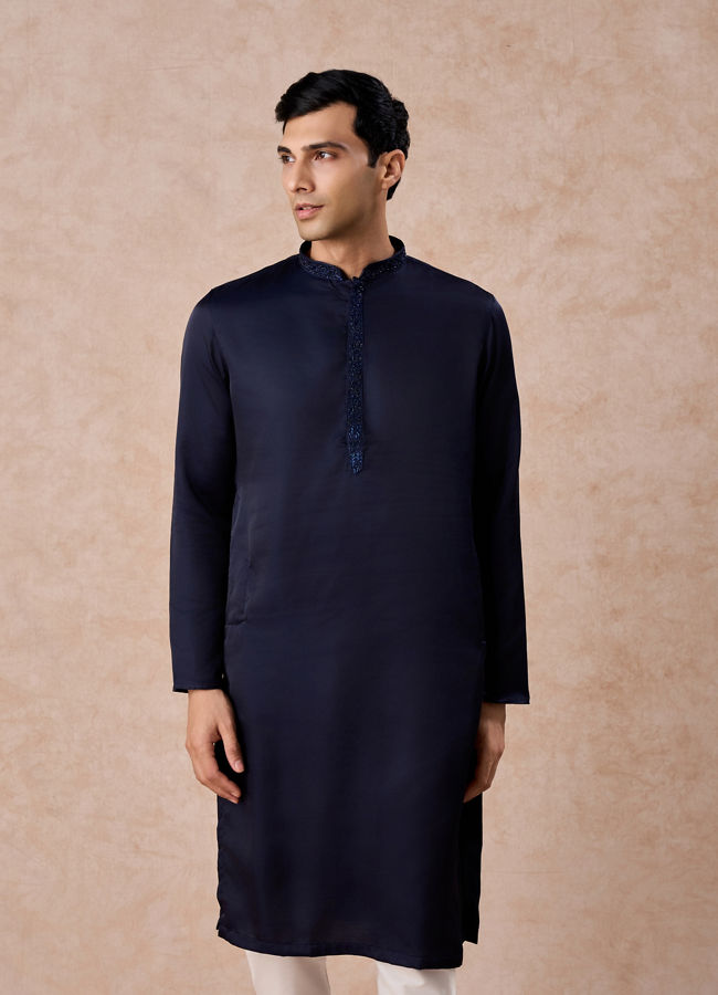 Manyavar Men Dark Blue Sequined Rhinestone Embellished Bandhgala Kurta Set