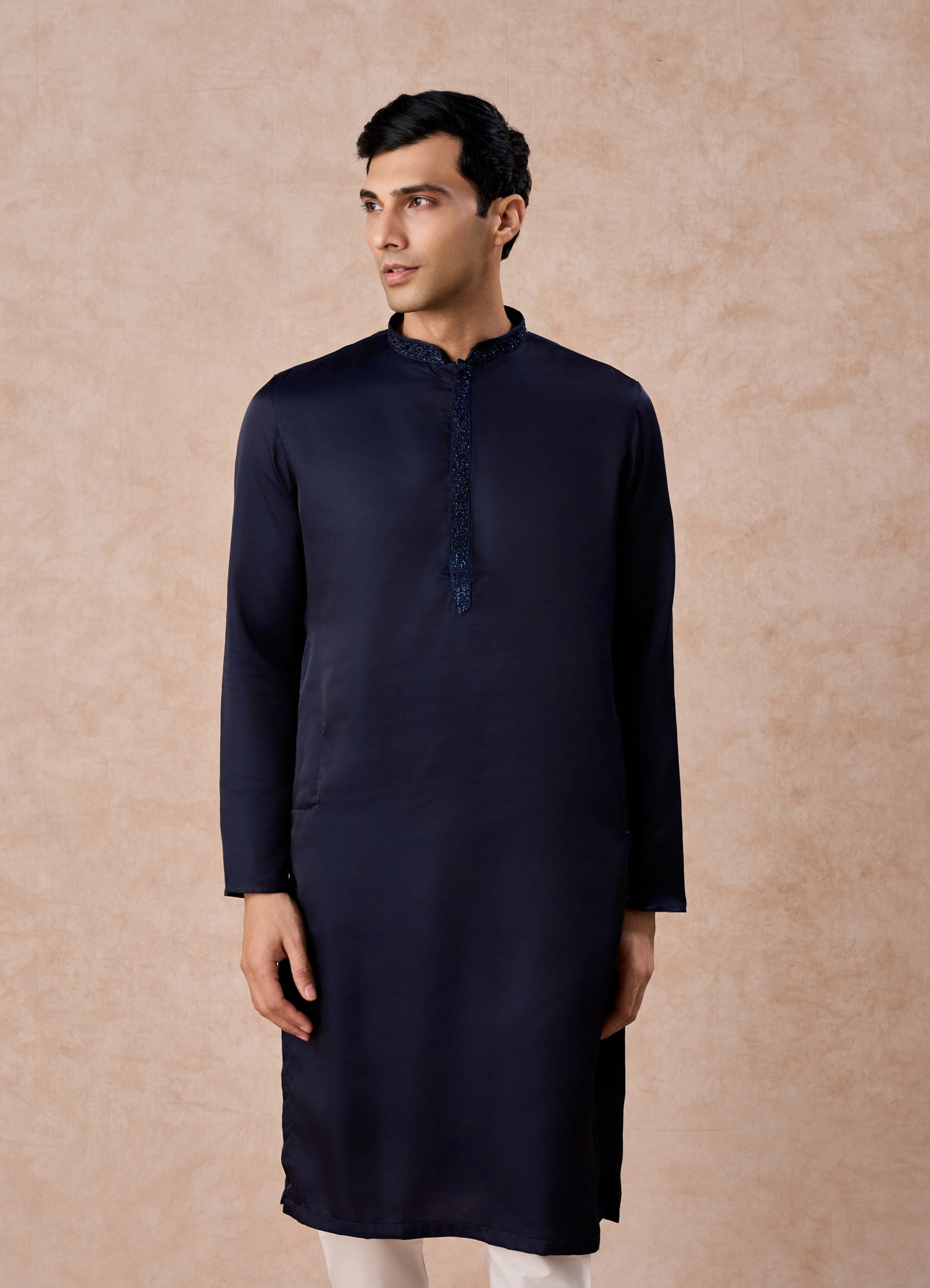 Manyavar Men Dark Blue Sequined Rhinestone Embellished Bandhgala Kurta Set