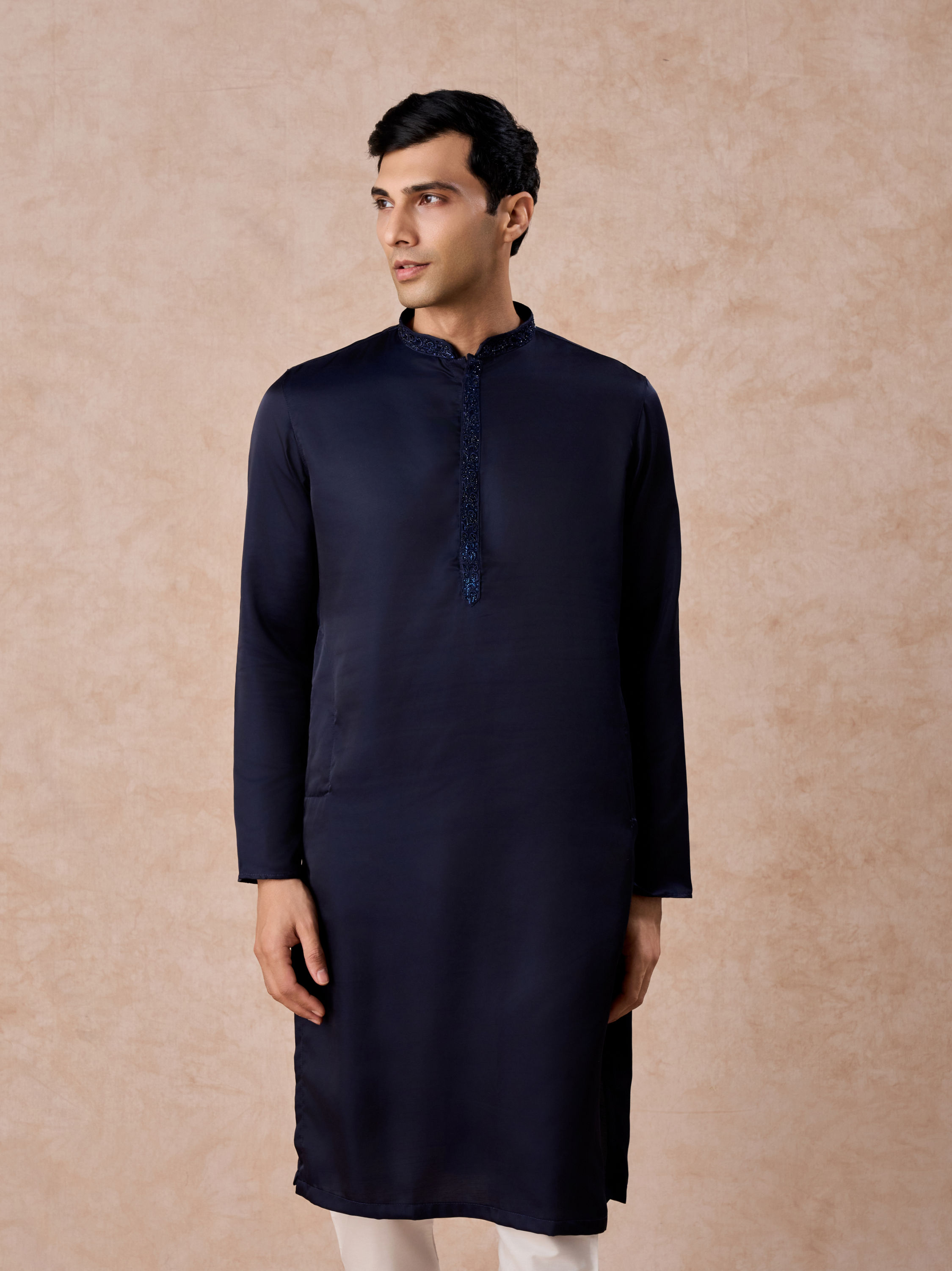 Manyavar Men Dark Blue Sequined Rhinestone Embellished Bandhgala Kurta Set