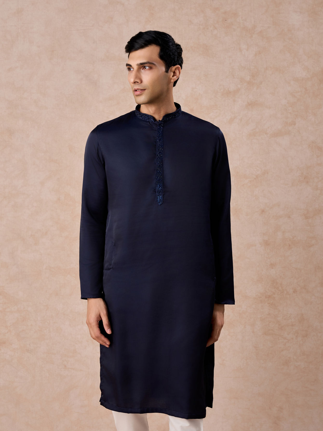 Manyavar Men Dark Blue Sequined Rhinestone Embellished Bandhgala Kurta Set