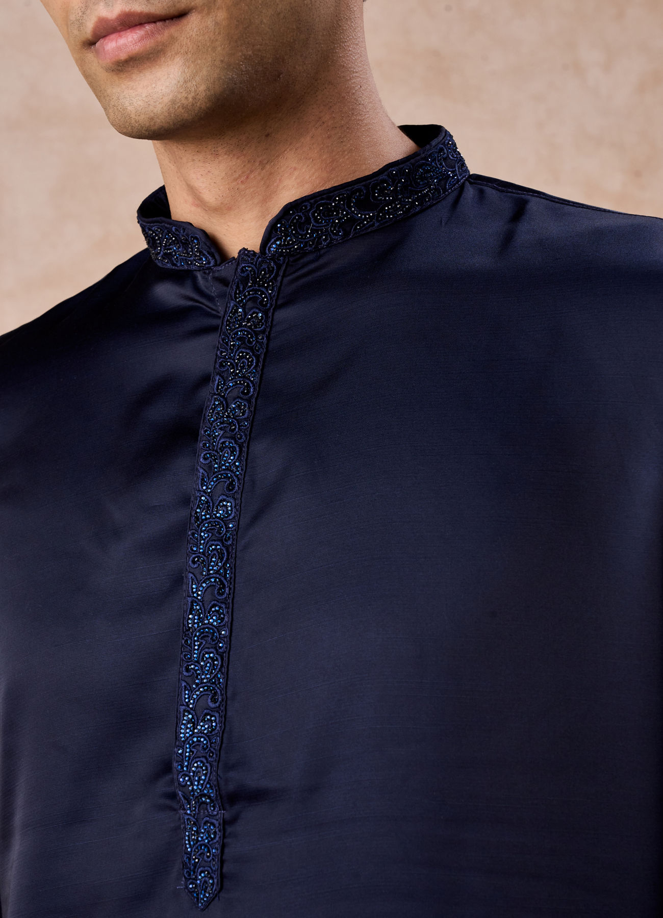 Manyavar Men Dark Blue Sequined Rhinestone Embellished Bandhgala Kurta Set
