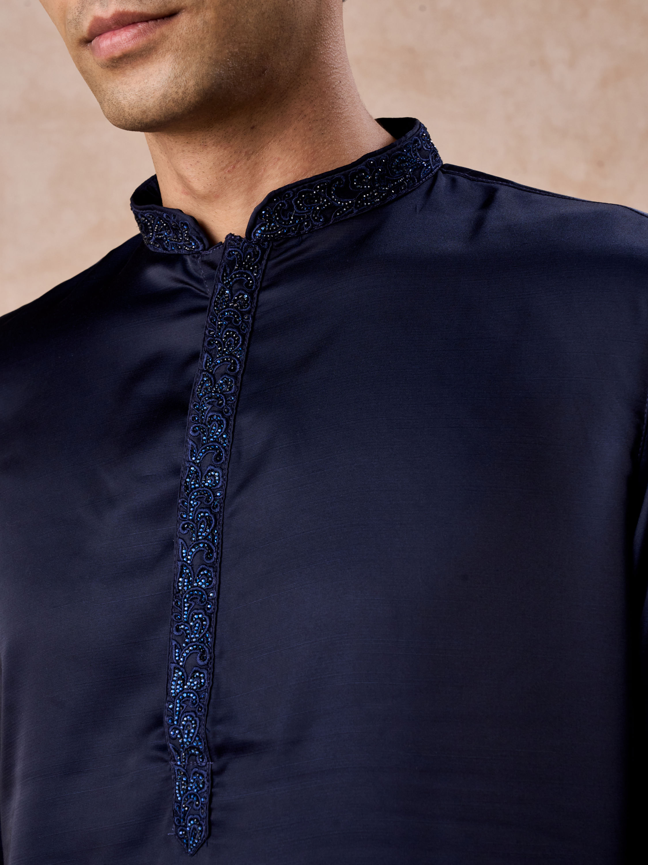 Manyavar Men Dark Blue Sequined Rhinestone Embellished Bandhgala Kurta Set