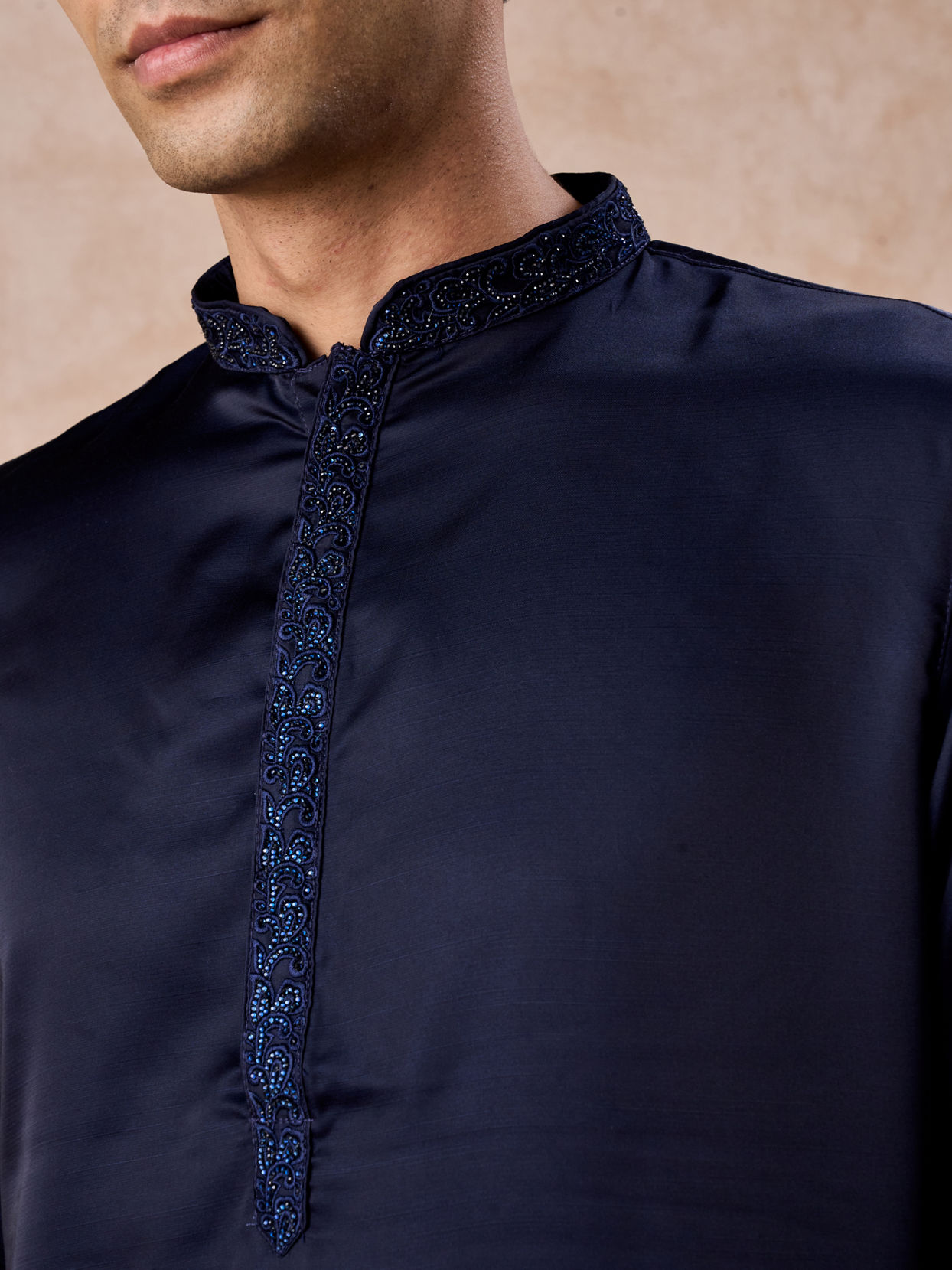 Manyavar Men Dark Blue Sequined Rhinestone Embellished Bandhgala Kurta Set