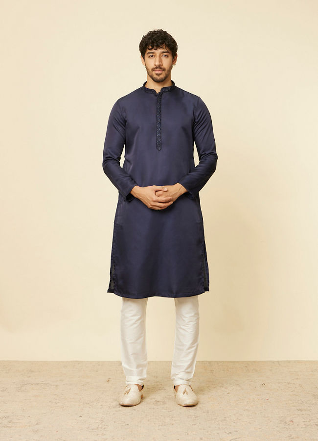 Manyavar Men Dark Blue Sequined Rhinestone Embellished Bandhgala Kurta Set