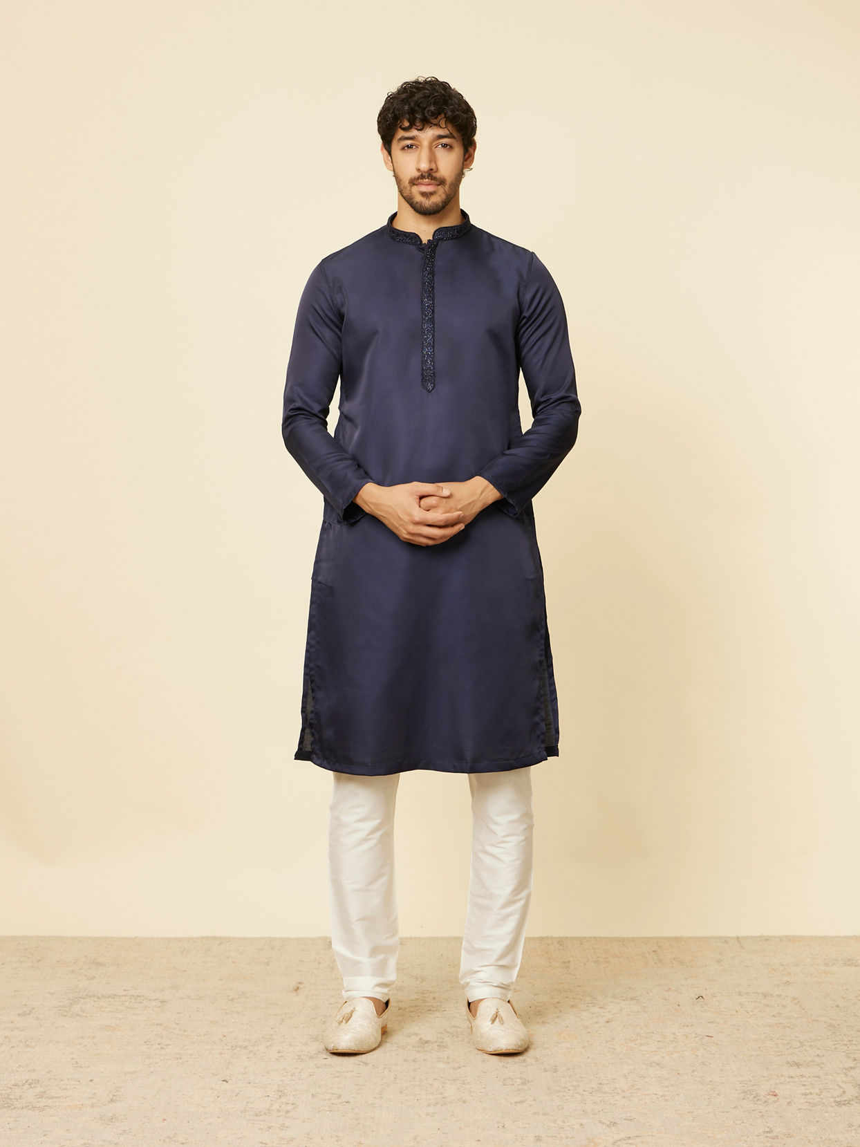 alt message - Manyavar Men Dark Blue Sequined Rhinestone Embellished Bandhgala Kurta Set image number 2