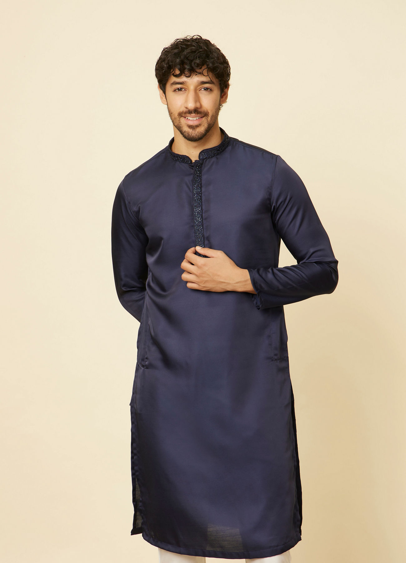 Manyavar Men Dark Blue Sequined Rhinestone Embellished Bandhgala Kurta Set