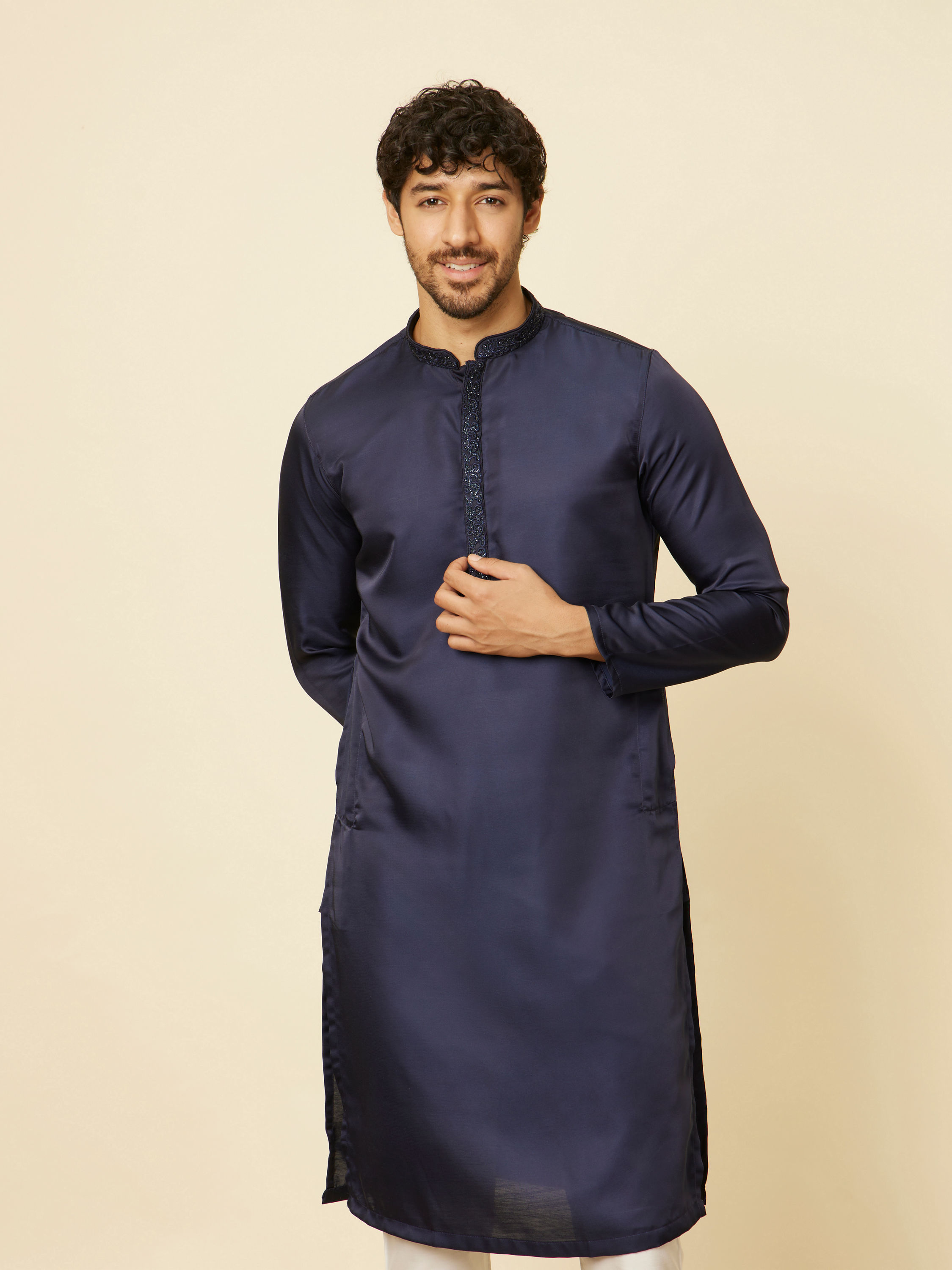 Manyavar Men Dark Blue Sequined Rhinestone Embellished Bandhgala Kurta Set