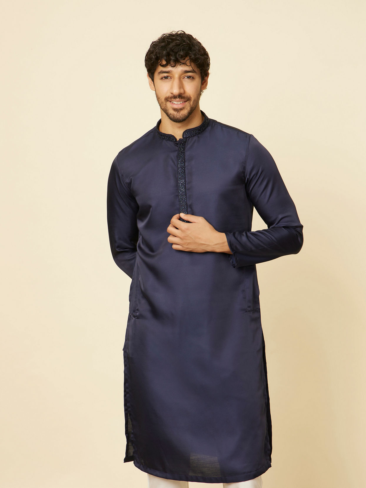 alt message - Manyavar Men Dark Blue Sequined Rhinestone Embellished Bandhgala Kurta Set image number 0