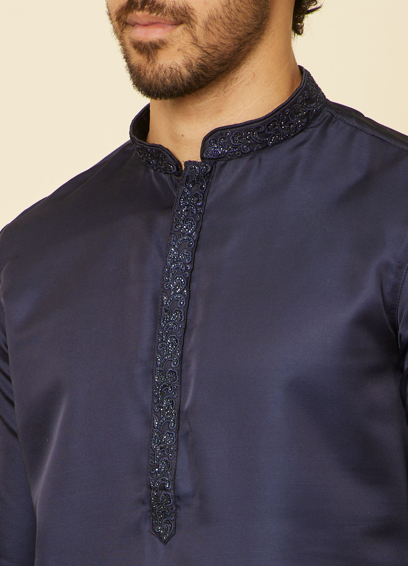 Manyavar Men Dark Blue Sequined Rhinestone Embellished Bandhgala Kurta Set