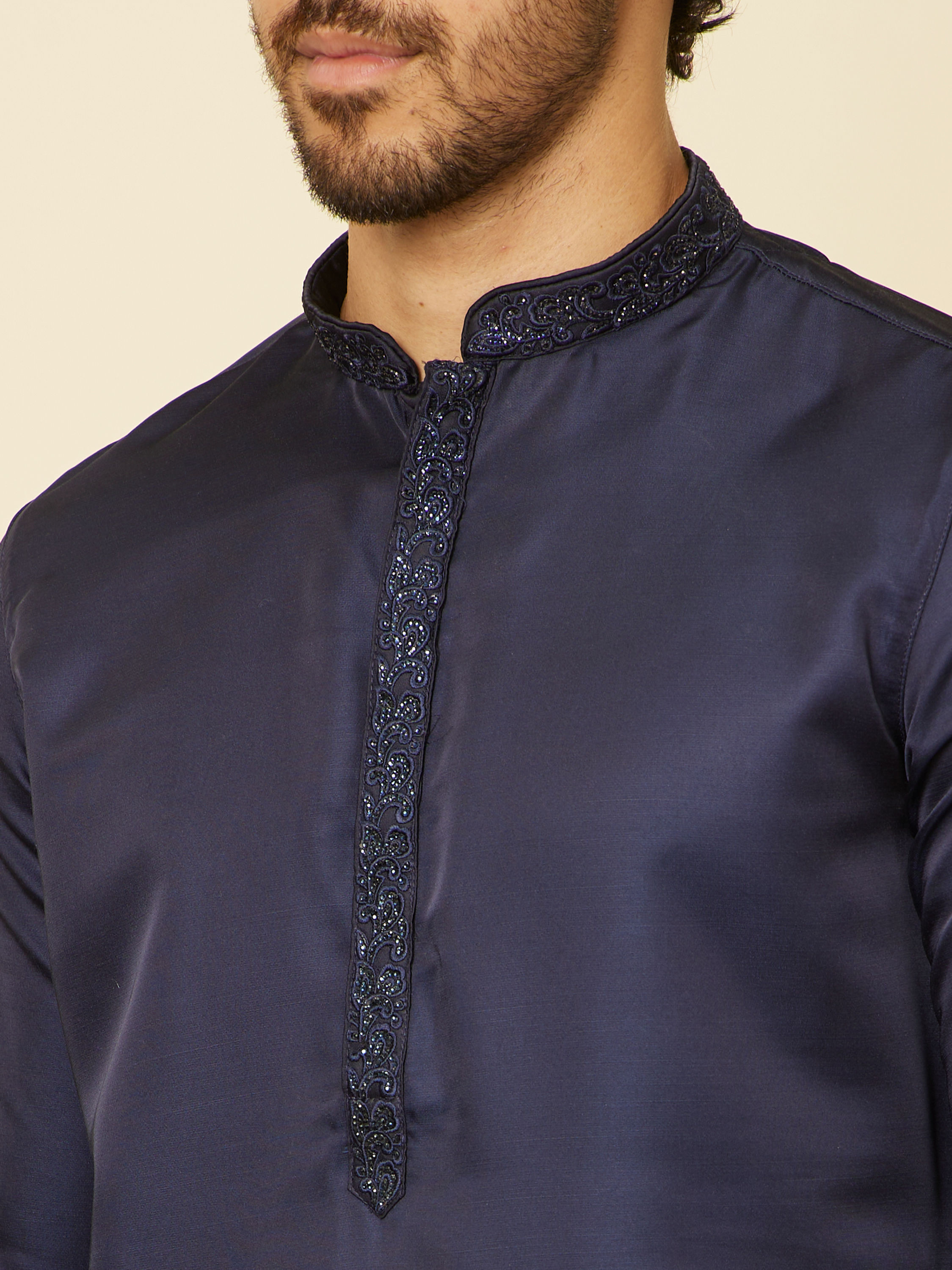 Manyavar Men Dark Blue Sequined Rhinestone Embellished Bandhgala Kurta Set