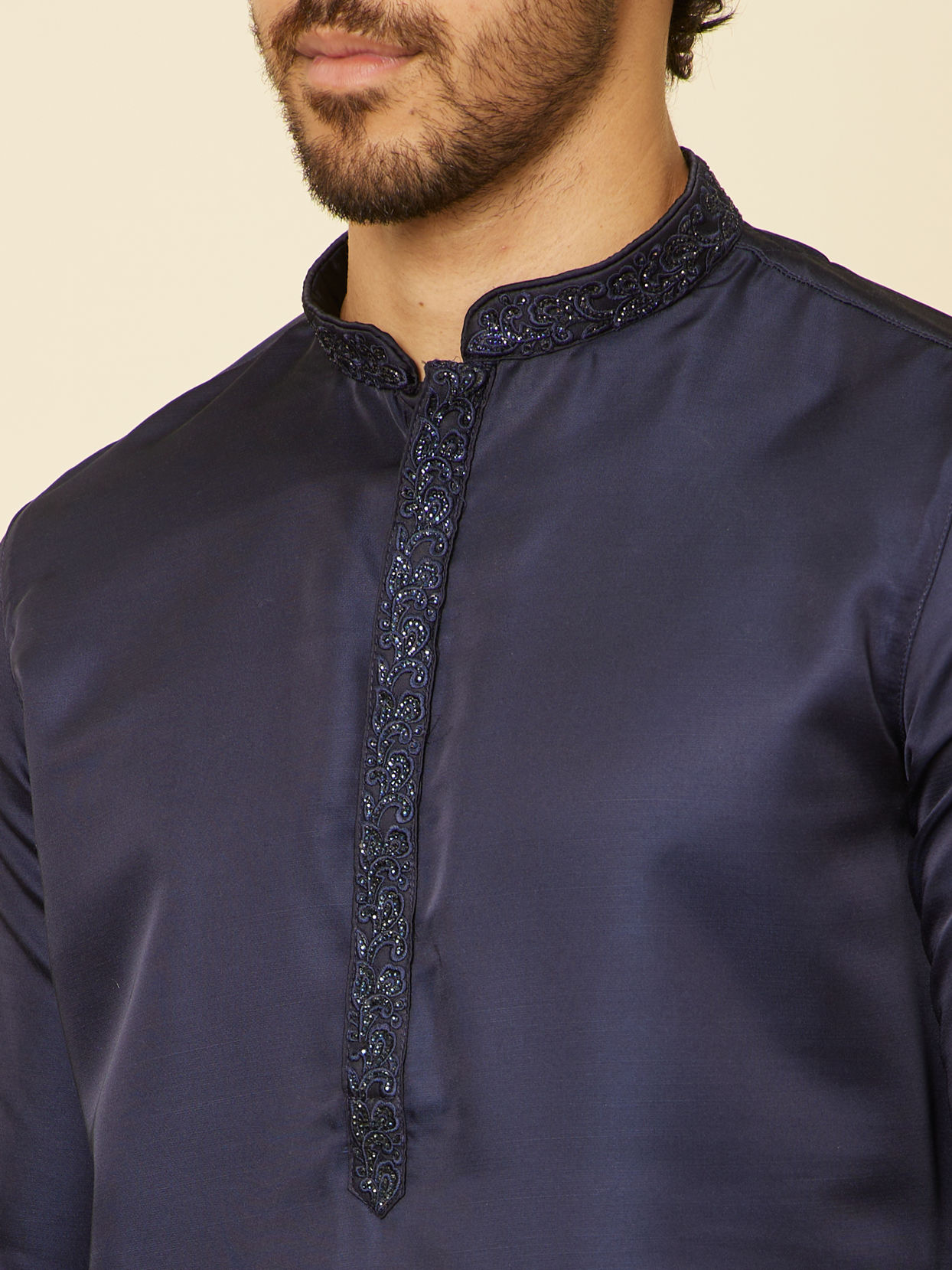 alt message - Manyavar Men Dark Blue Sequined Rhinestone Embellished Bandhgala Kurta Set image number 1