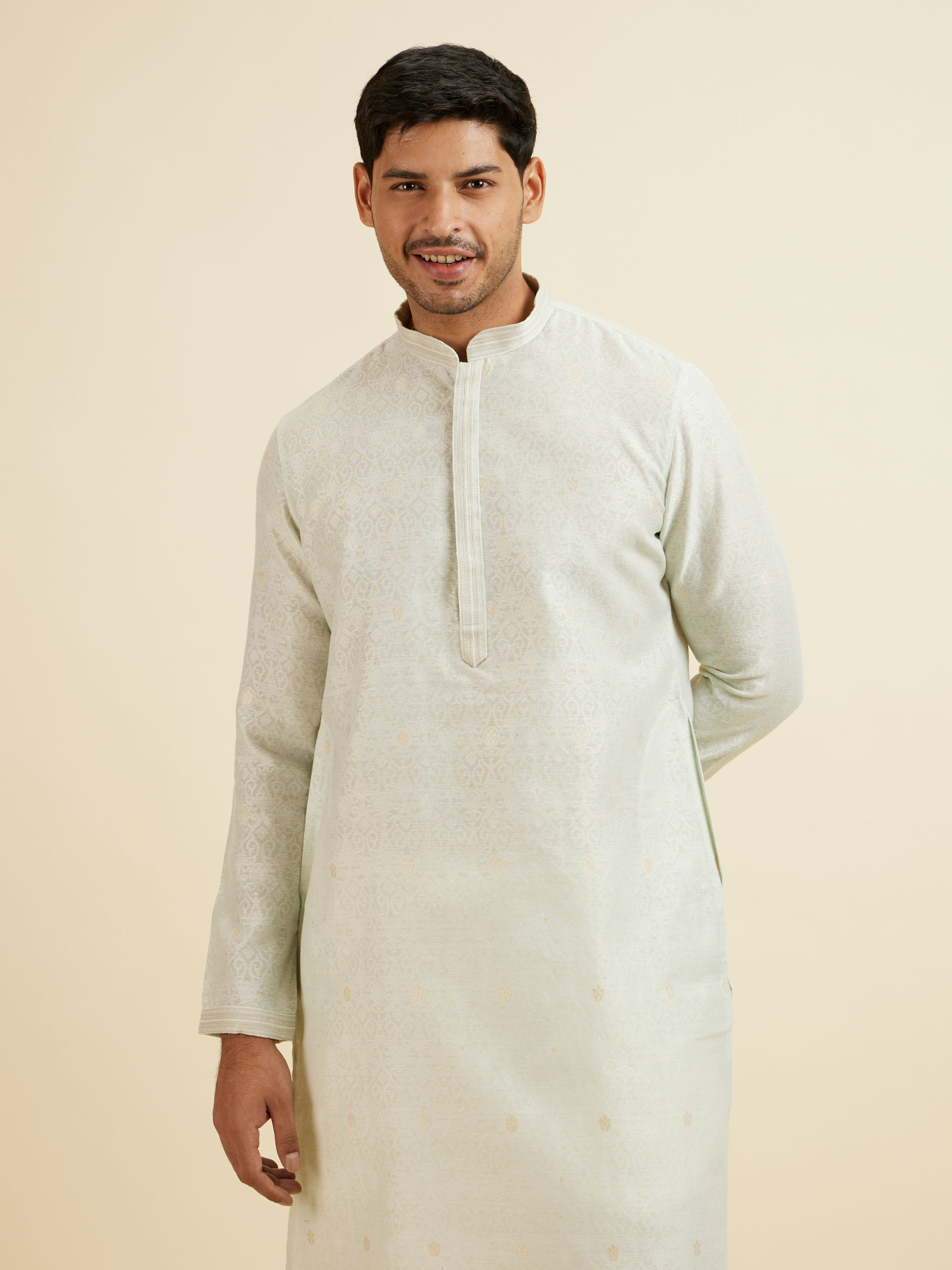 Manyavar Men Light Mid Green Buta Print Kurta Set