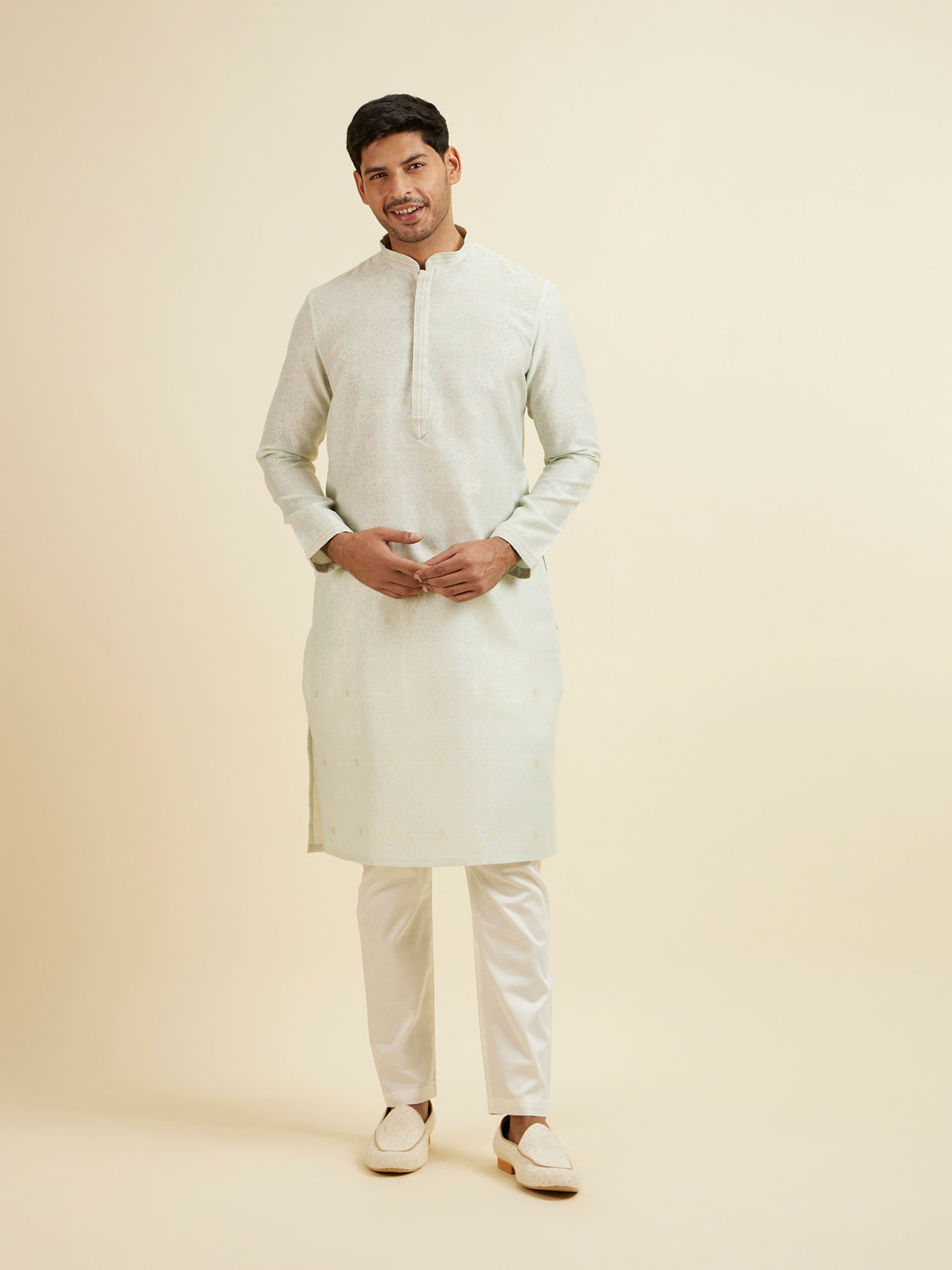 Manyavar Men Light Mid Green Buta Print Kurta Set